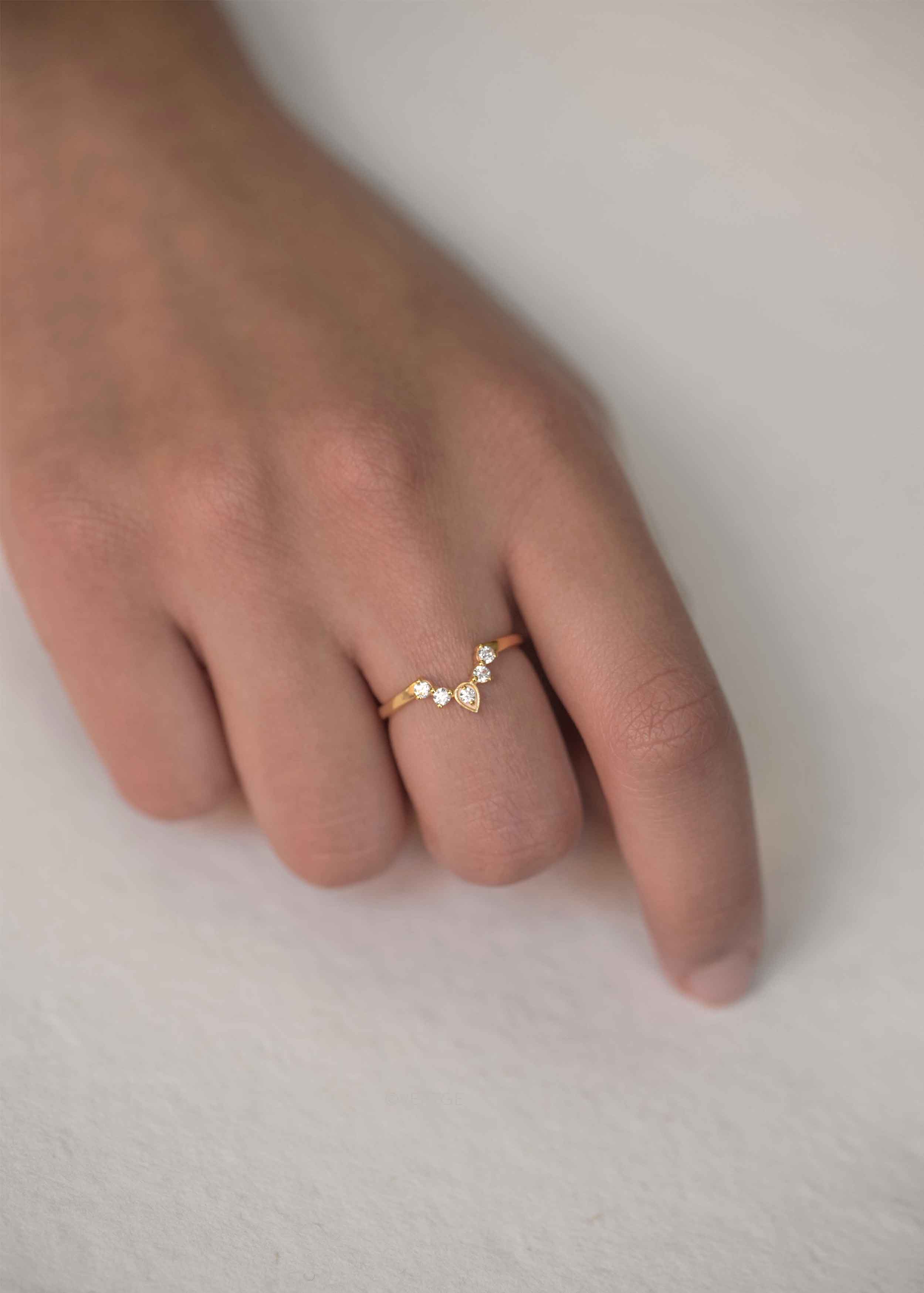 Hana Gold Stacking Ring, Chevron V Curved Ring with gemstone