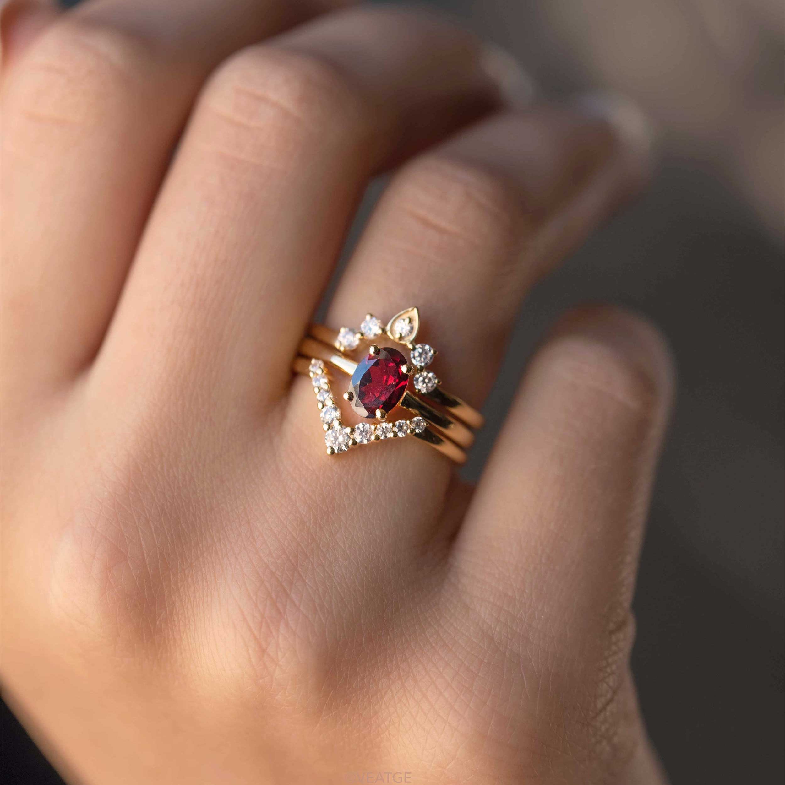 garnet stacking rings in gold vermeil and diamonds