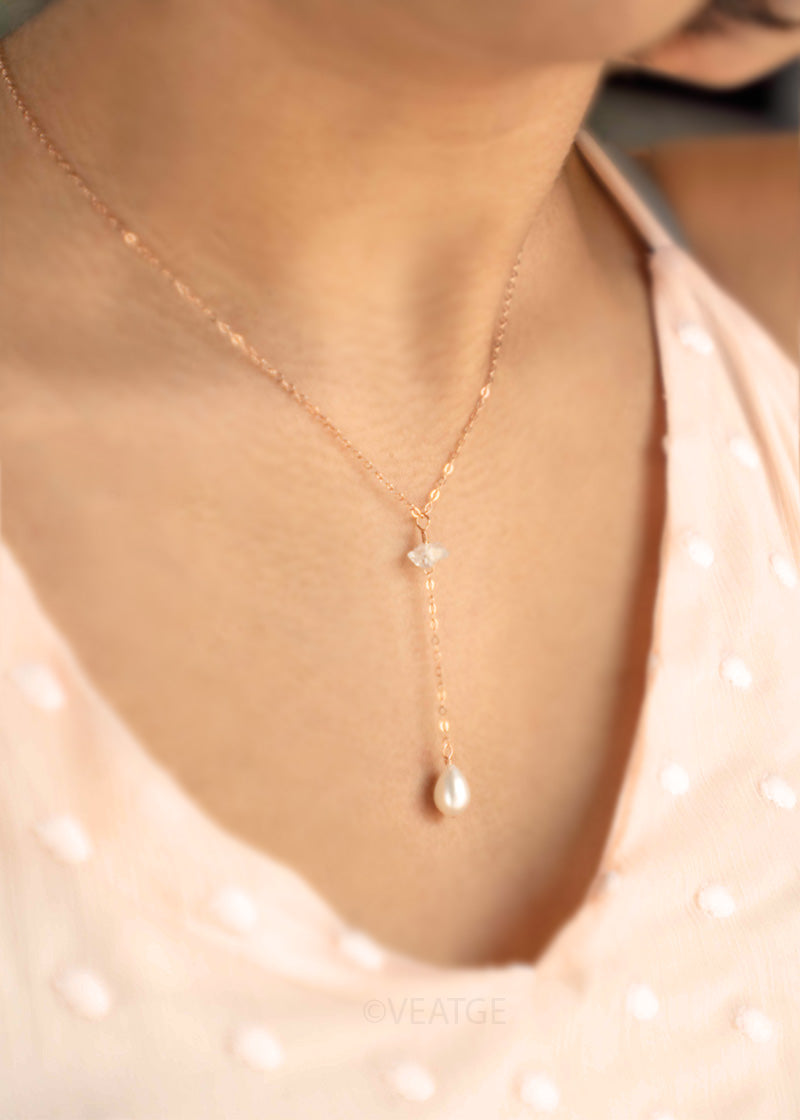 Delicate Pearl Lariat Necklace, online Rose Gold Filled Cable Chain w Two Baroque Pearl Drops, Y Layering Necklace, Bridesmaids Gifts For Her