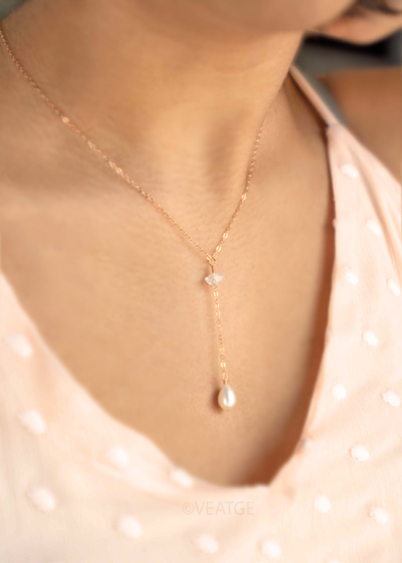 Herkimer  Pearl Delicate Lariat Necklace Gold Filled Rose Gold Filled. Dainty Minimalist Lariat Y necklace gift for girls birthstone wedding bridal bridesmaid gifts