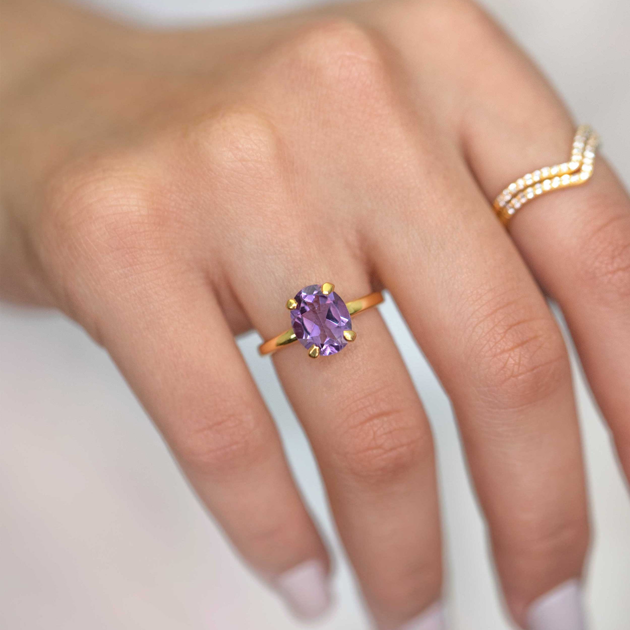Large Amethyst Sterling Silver Gold Vermeil Ring, February Birthstone Gifts for Her