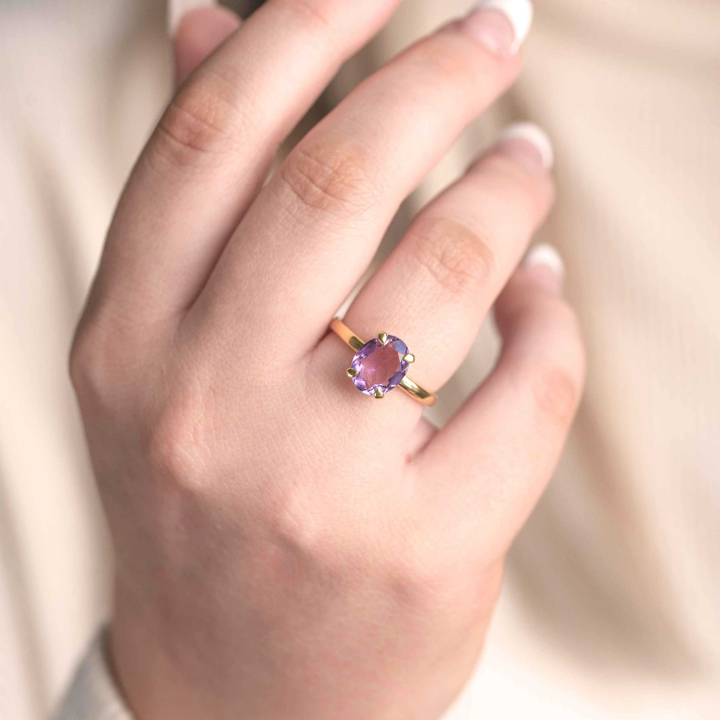 Large Amethyst Sterling Silver Gold Vermeil Ring, February Birthstone Gifts for Her