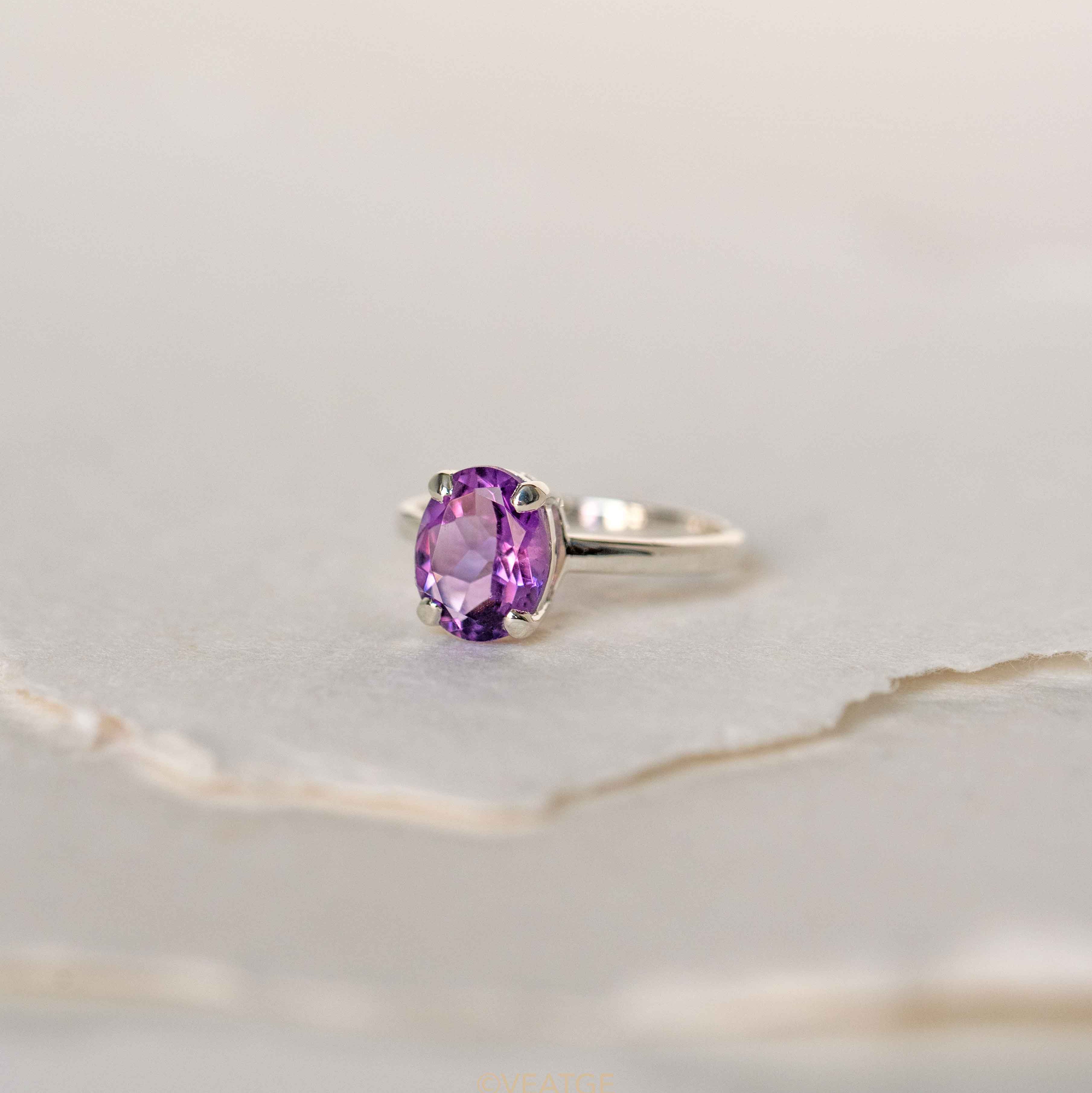 Large Amethyst Sterling Silver Gold Vermeil Ring, February Birthstone Gifts for Her