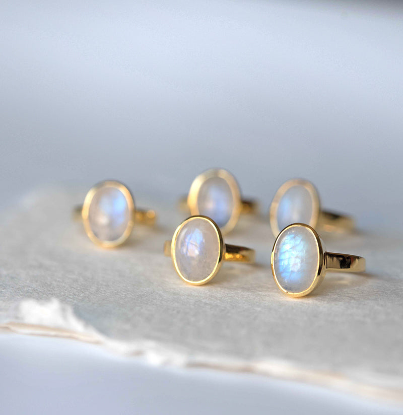 Large Moonstone Gold Ring Statement Blue Flash Rainbow Moonstone Jewelry June Birthstone