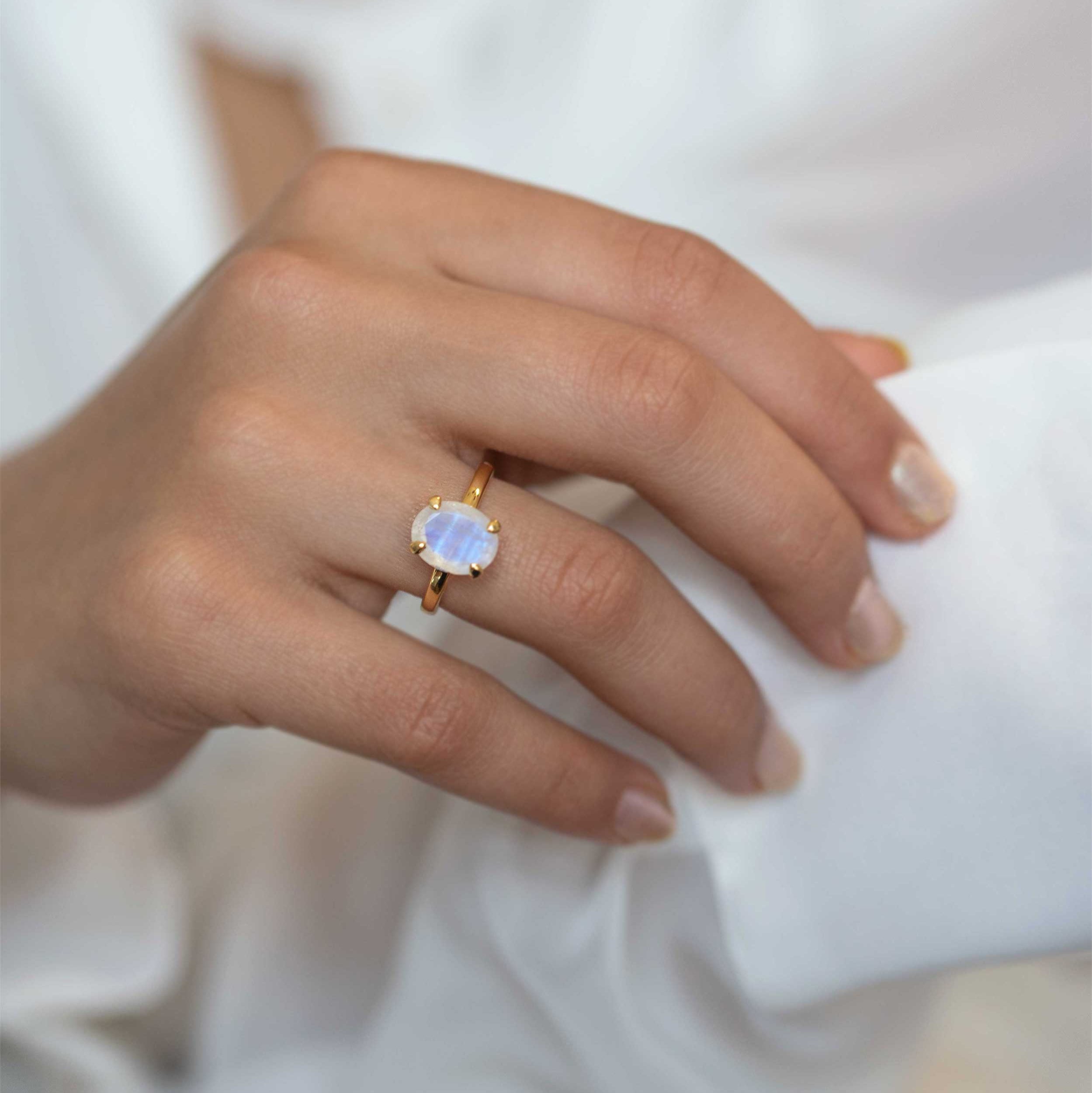 Large Moonstone Ring Gold Vermeil Oval Natural Gemstone Engagement Ring for Women