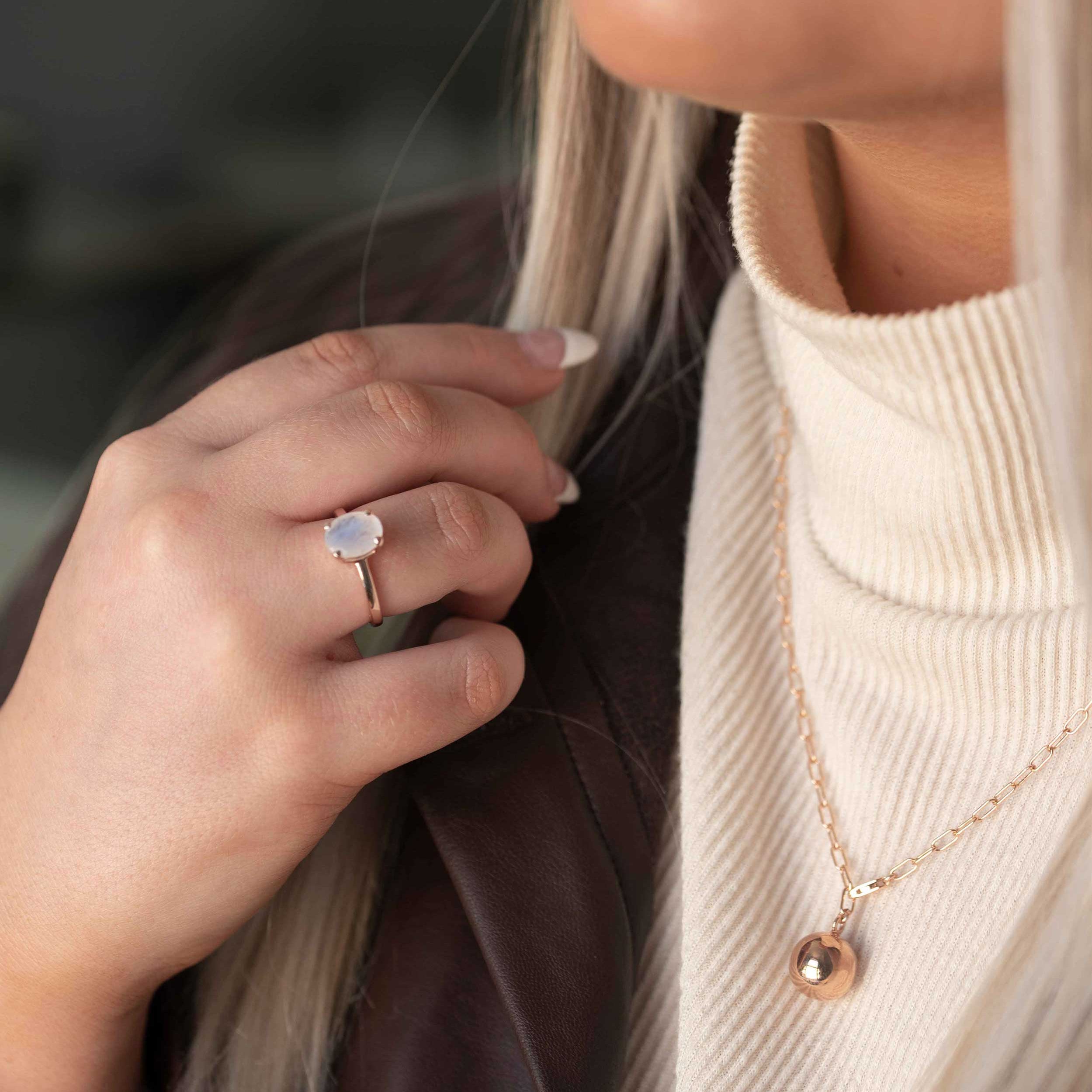 Large Moonstone Ring Rose Gold, Oval Natural Gemstone Engagement Ring for Women