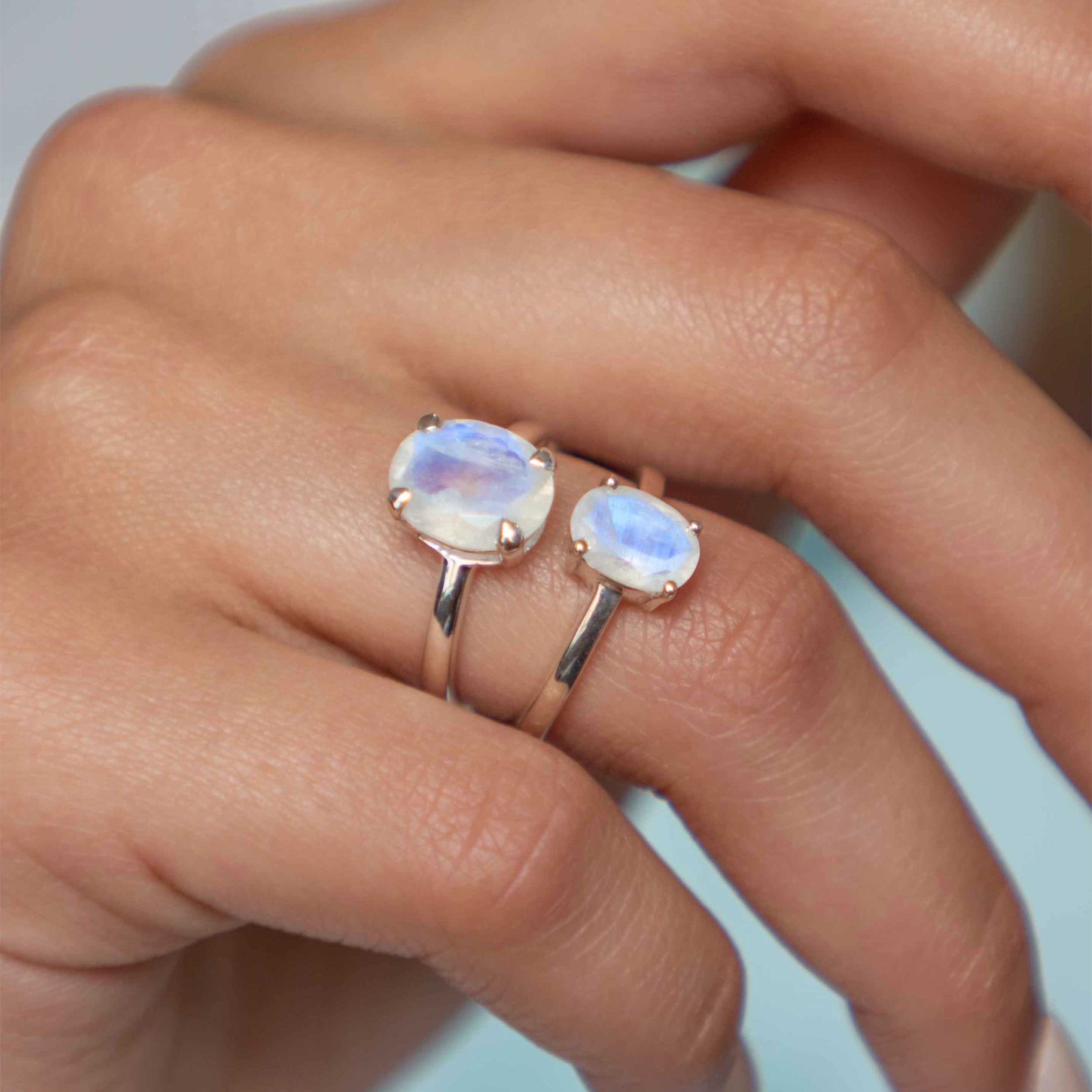 Large Moonstone Ring Sterling Silver, Oval Natural Gemstone Engagement Ring for Women