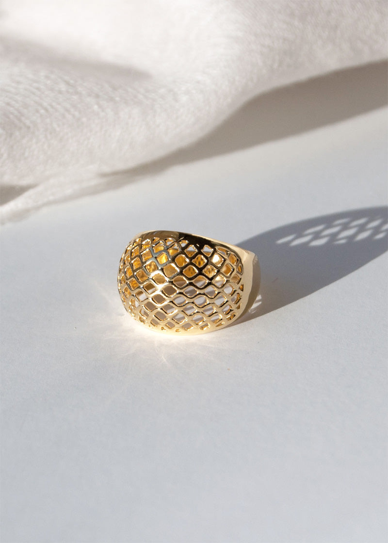 Lattice Dome Ring Gold, Modern Geometric Statement Unique Ring 