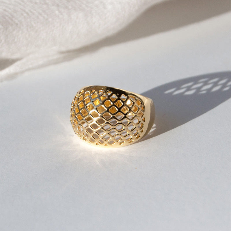 Lattice Dome Ring Gold, Modern Geometric Statement Unique Ring