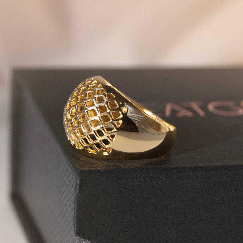 Lattice Dome Ring Gold, Modern Geometric Statement Unique Ring