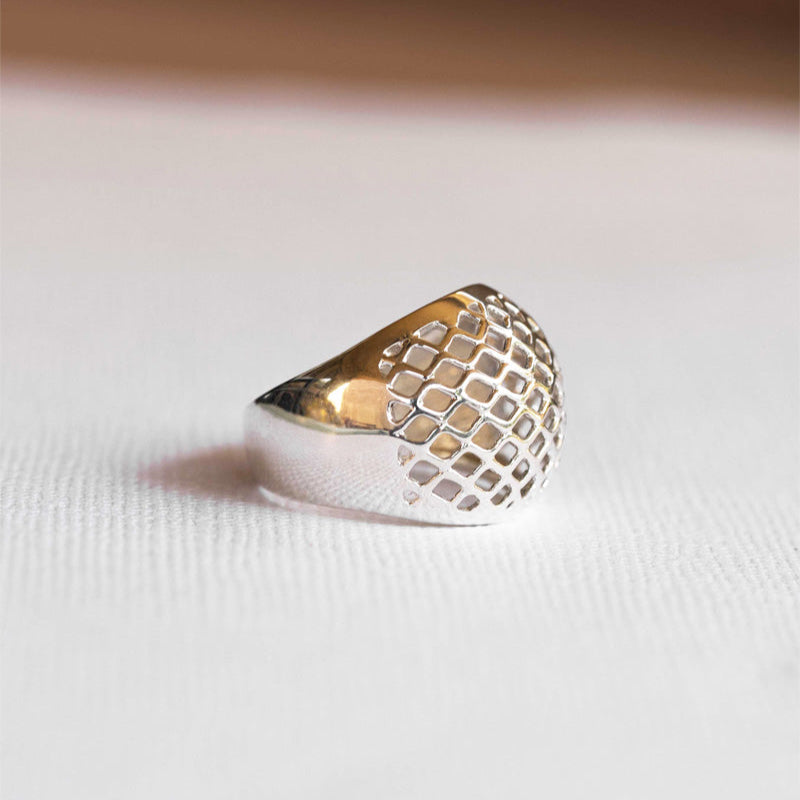 Lattice Dome Ring in 925 Sterling Silver, Modern Geometric Statement Unique Ring