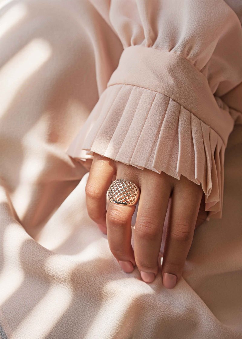 Lattice Dome Ring in 925 Sterling Silver, Modern Geometric Statement Unique Ring 