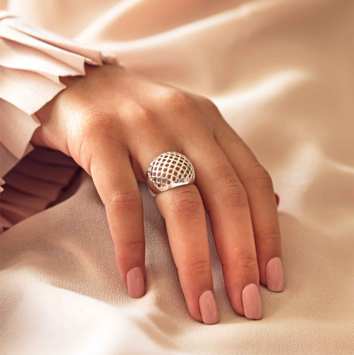 Lattice Dome Ring in 925 Sterling Silver, Modern Geometric Statement Unique Ring