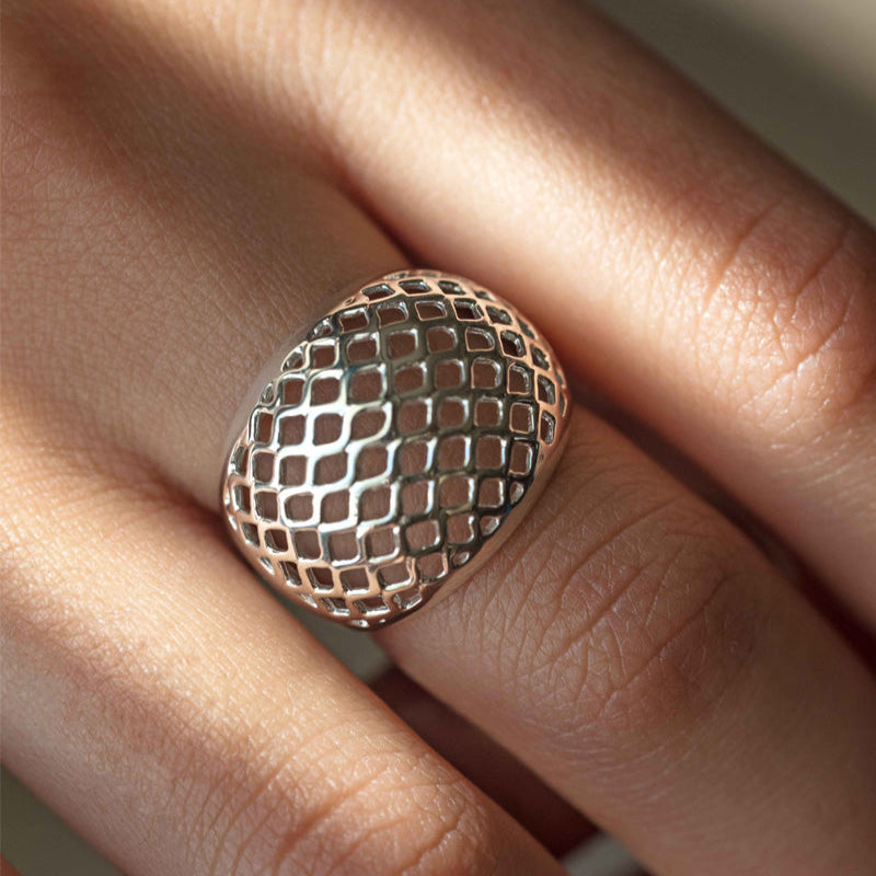 Lattice Dome Ring in 925 Sterling Silver, Modern Geometric Statement Unique Ring