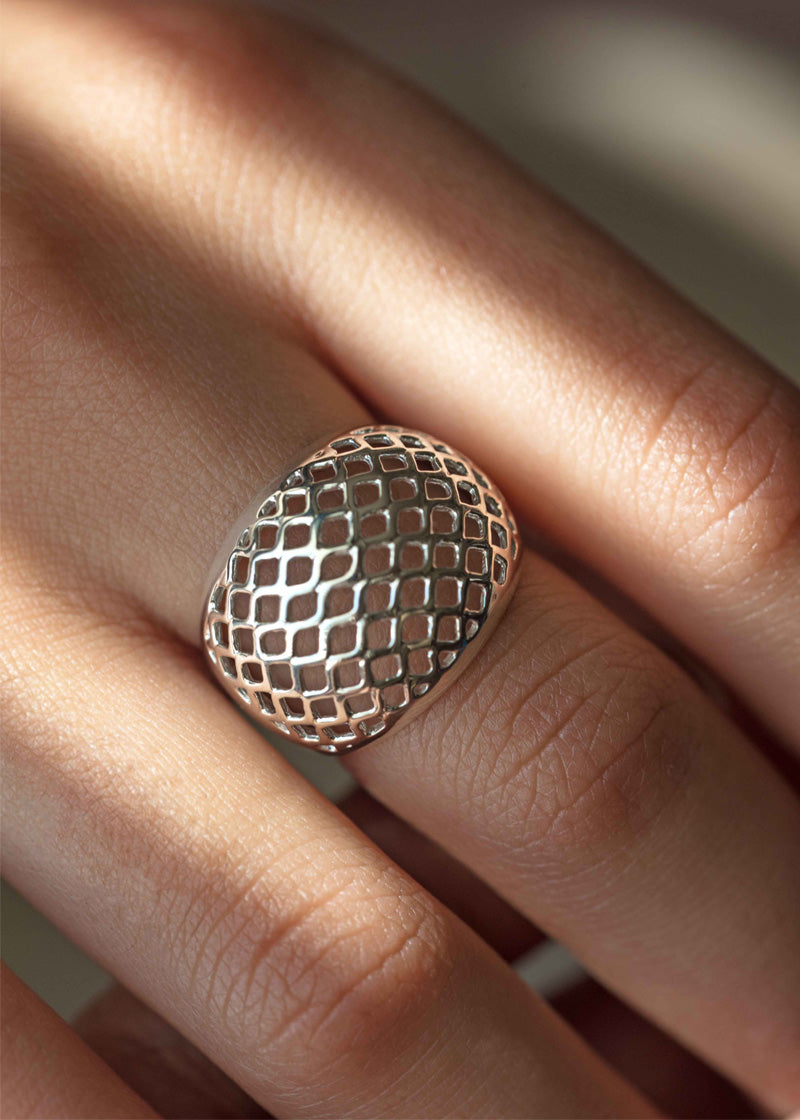 Lattice Dome Ring in 925 Sterling Silver, Modern Geometric Statement Unique Ring 