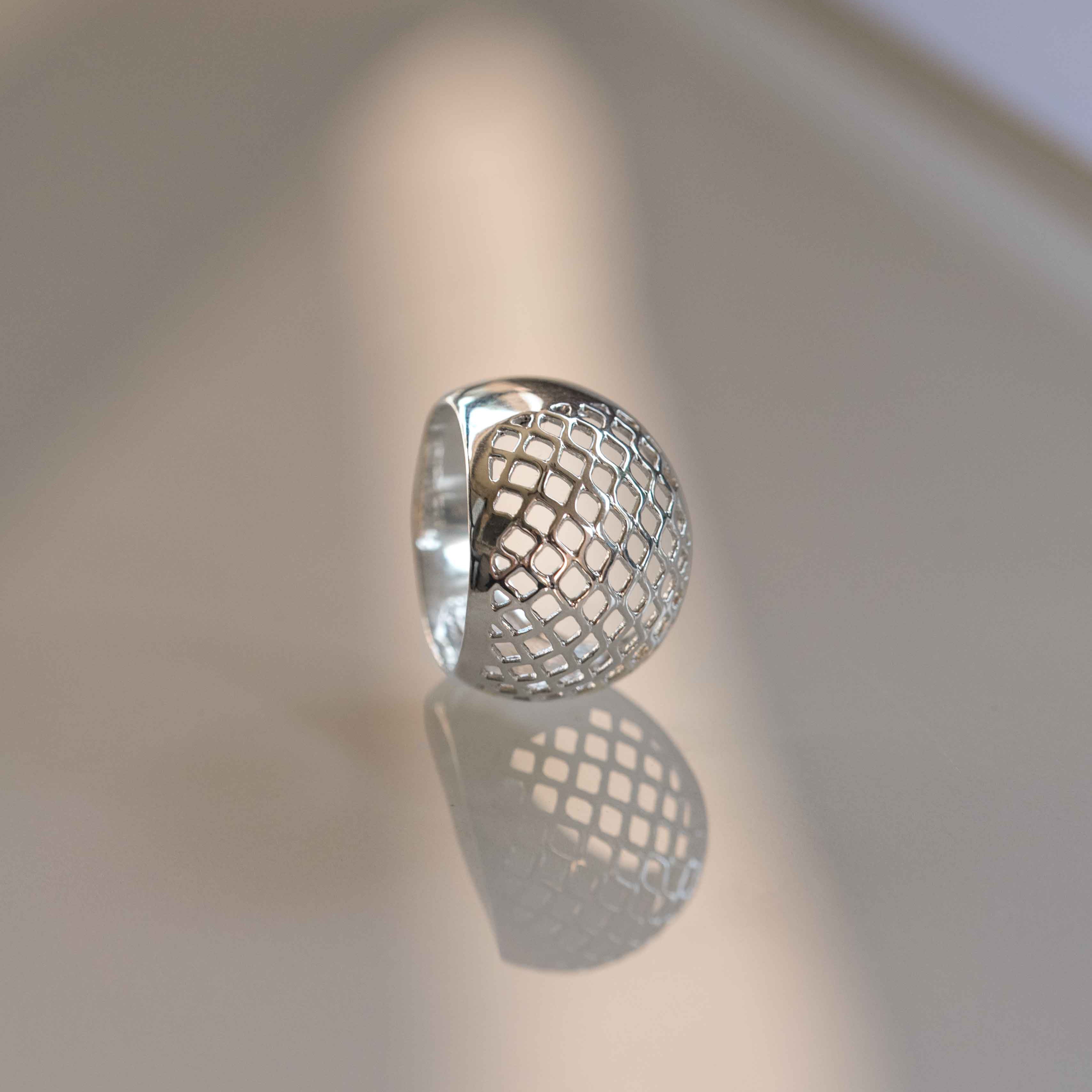 Lattice Dome Ring in 925 Sterling Silver, Modern Geometric Statement Unique Ring