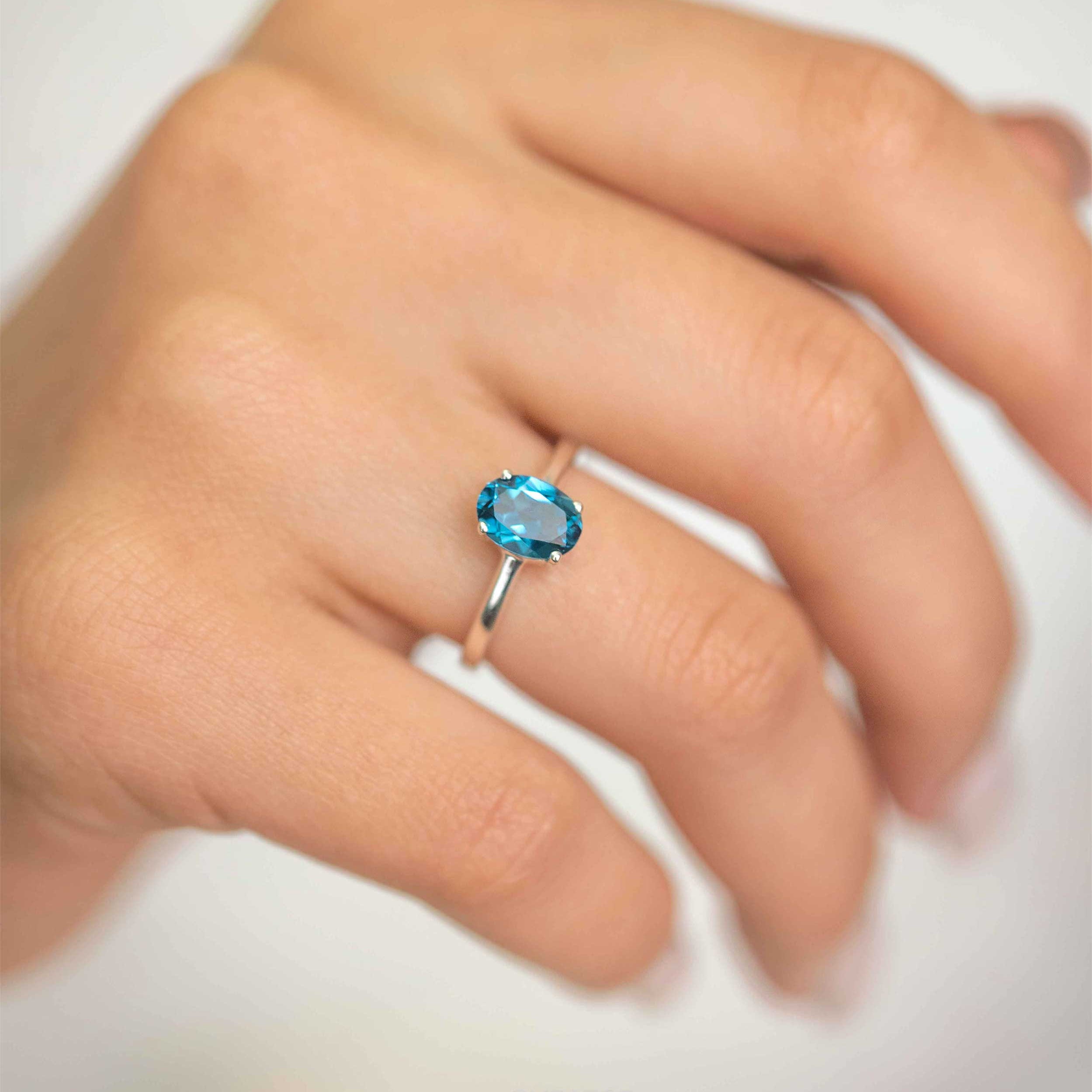 Genuine London Blue Topaz Ring in 925 Sterling Silver, Handmade Oval Solitaire Rings, Gifts for Women Christmas, December Birthstone, Birthday Gift