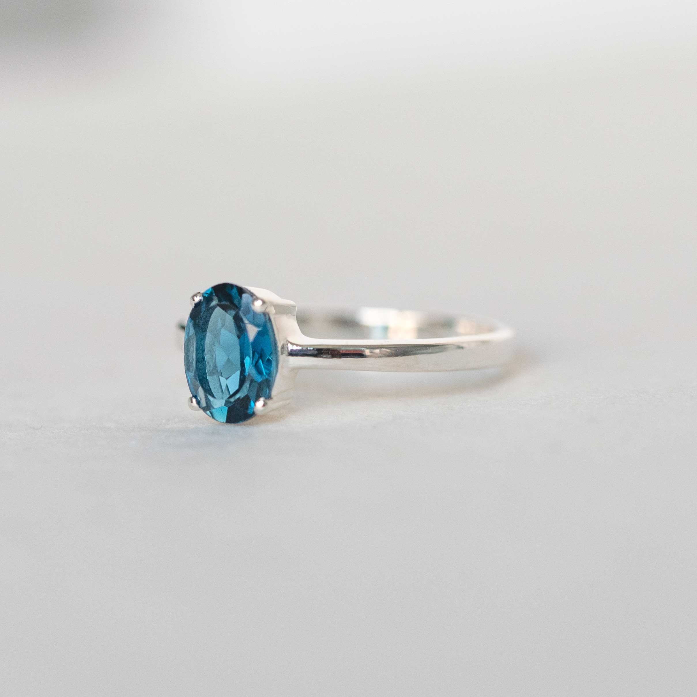 Genuine London Blue Topaz Ring in 925 Sterling Silver, Handmade Oval Solitaire Rings, Gifts for Women
