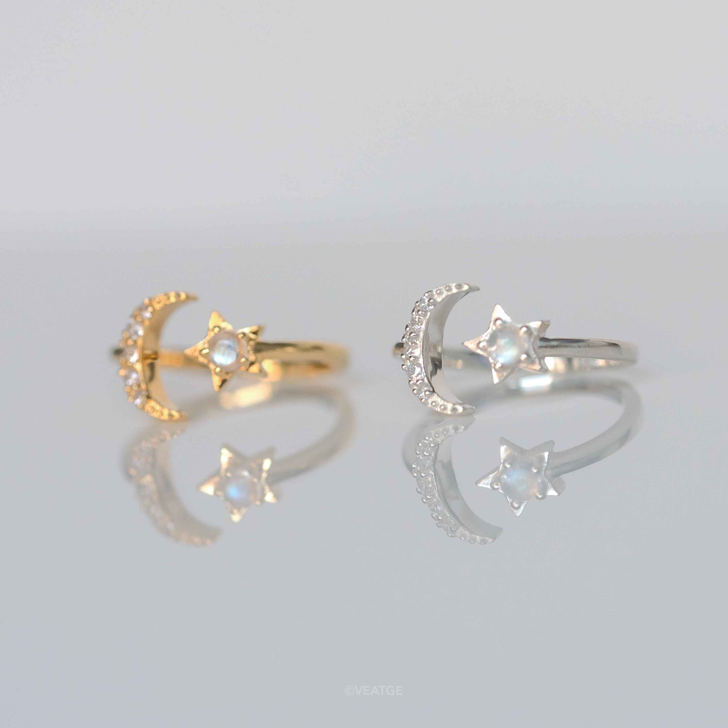Crescent Moon and Star Celestial Ring Silver