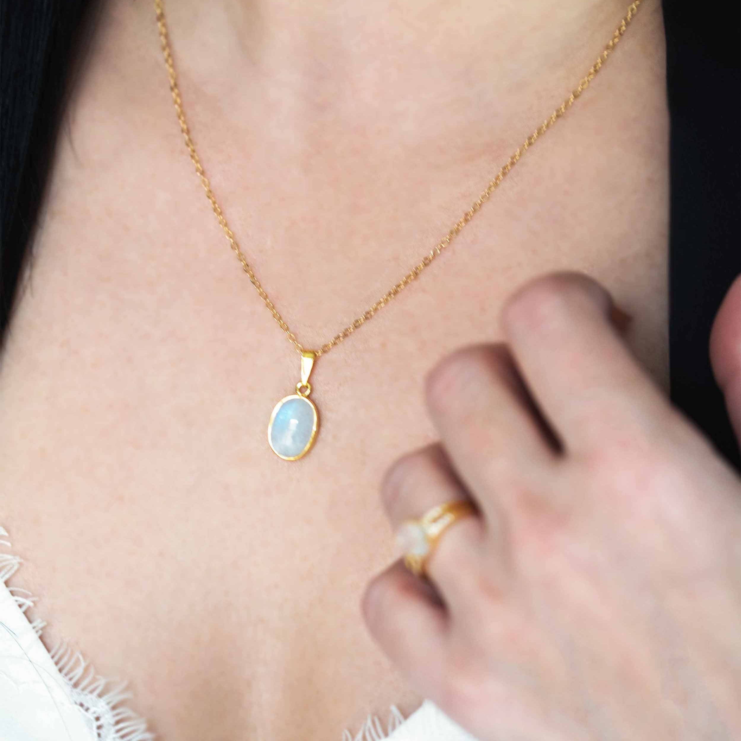 gold moonstone necklace large gemstone june birthstone birthday gift rainbow moonstone