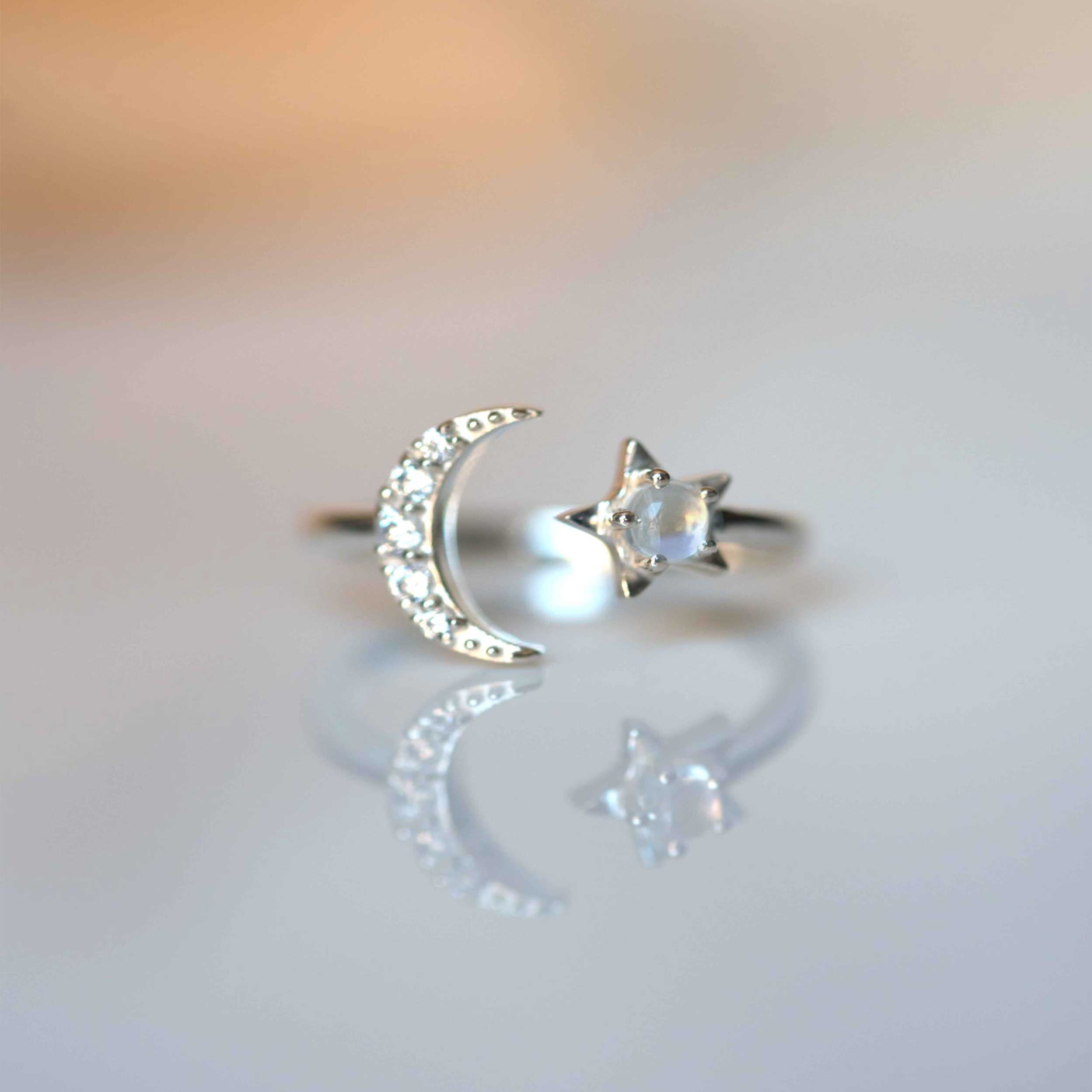 Crescent Moon and Star Celestial Ring Silver