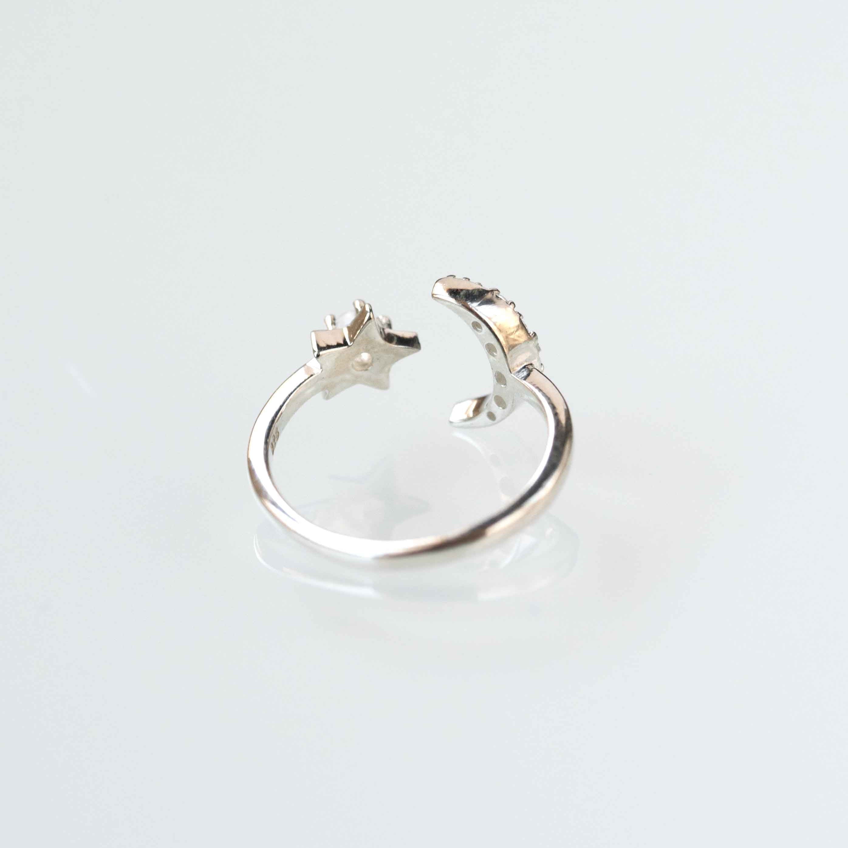 Crescent Moon and Star Celestial Ring Silver