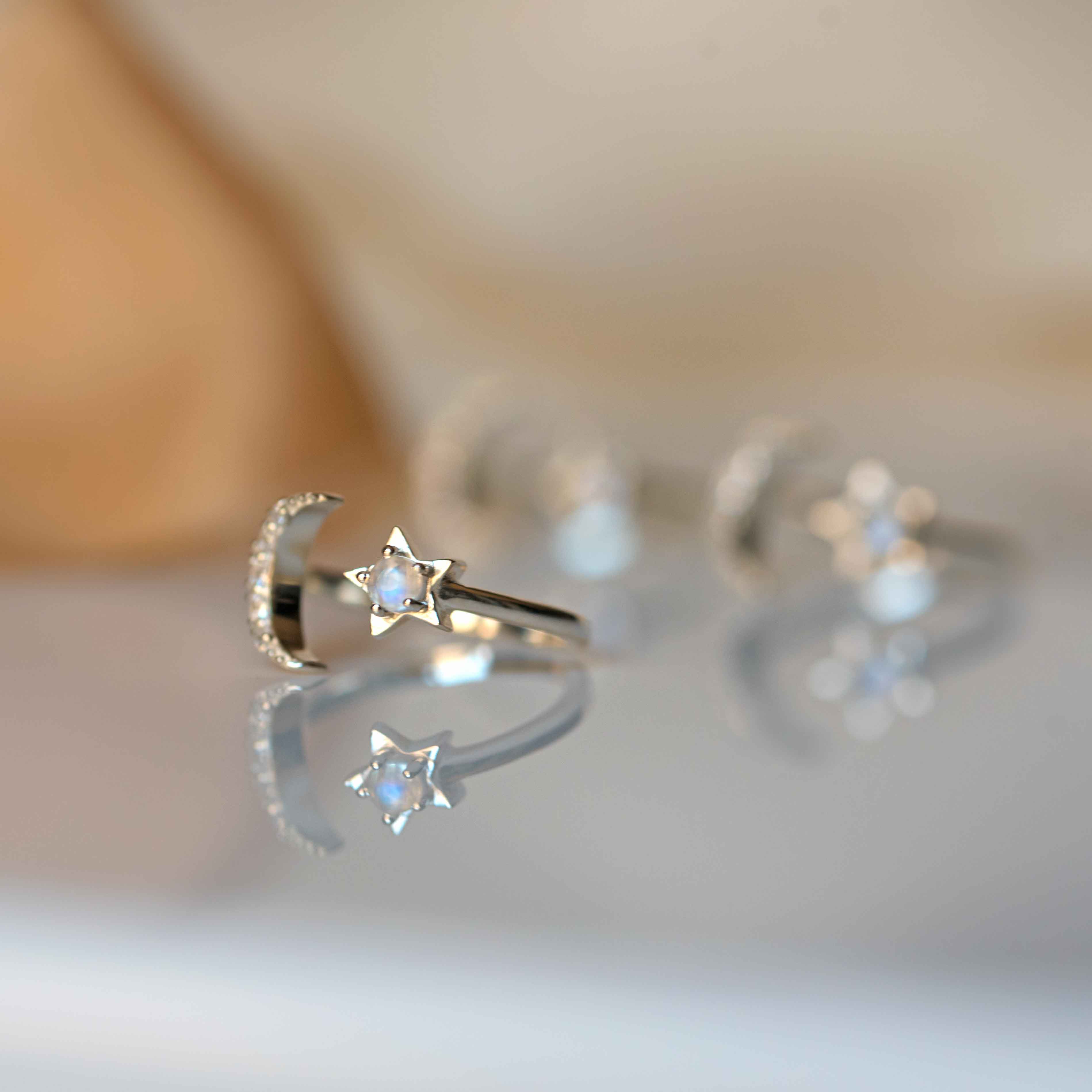 Crescent Moon and Star Celestial Ring Silver