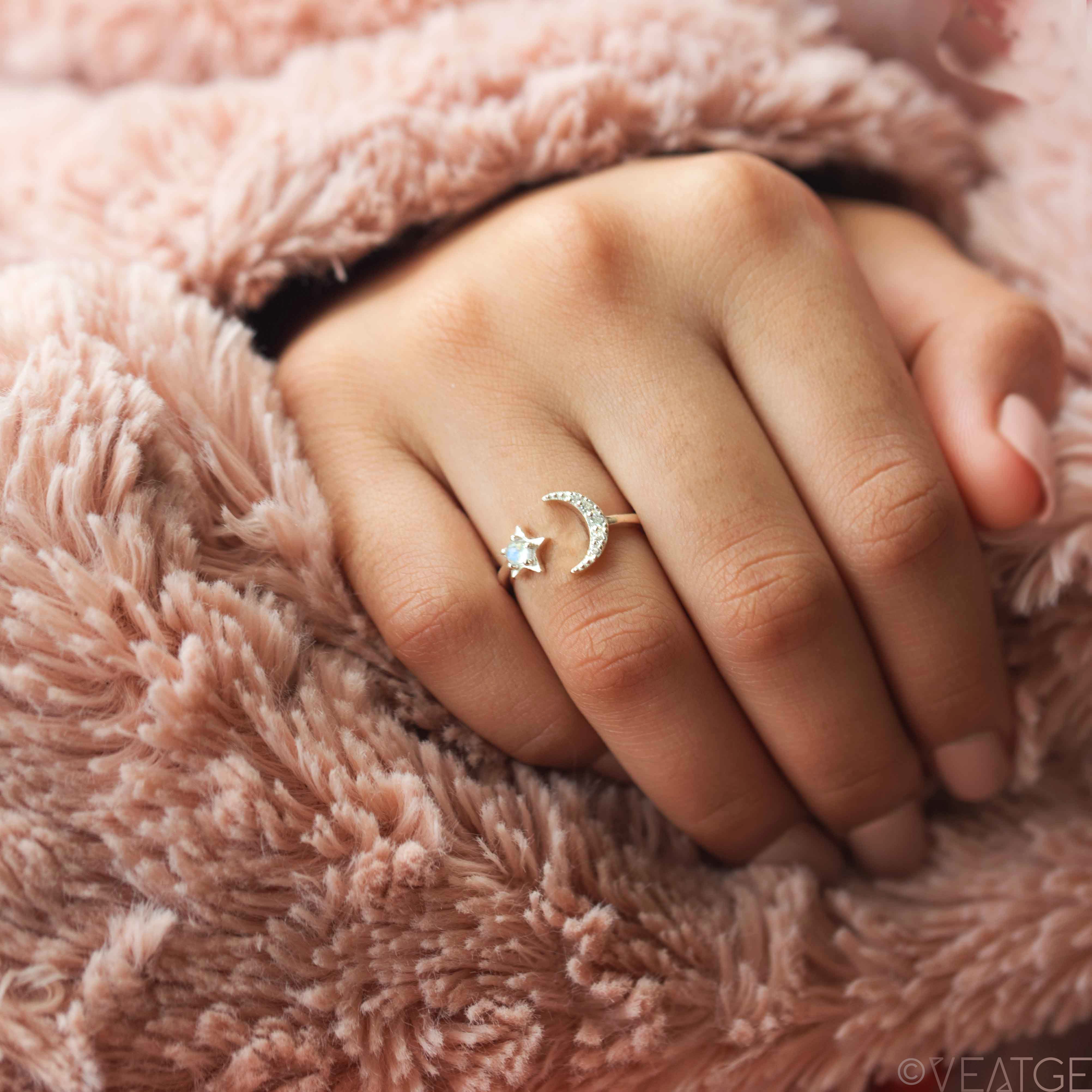 Crescent Moon and Star Celestial Ring Silver