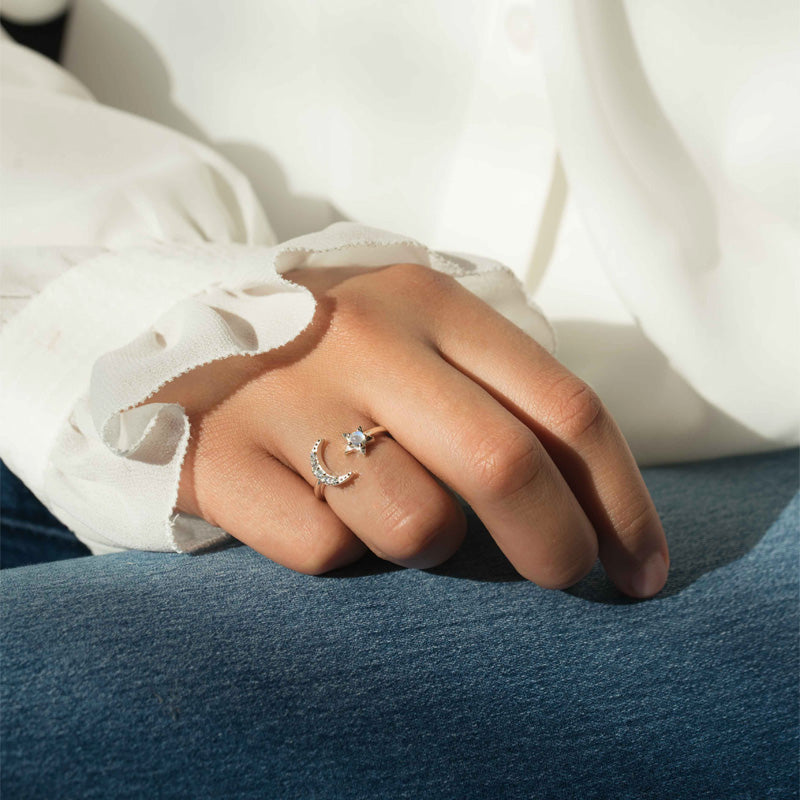 Crescent Moon and Star Celestial Ring Silver