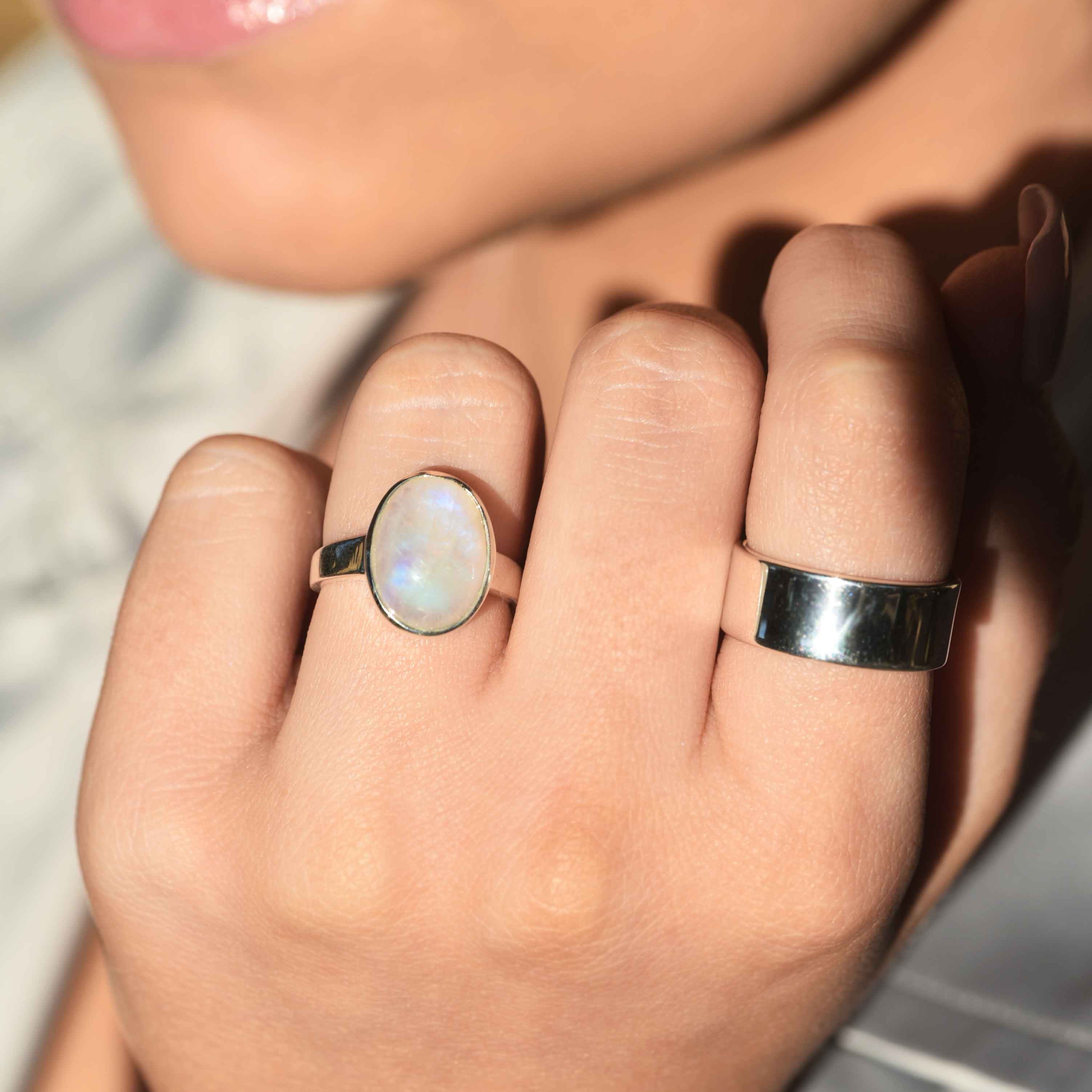 Large Moonstone Ring in Sterling Silver, Genuine Natural Moonstone Ring