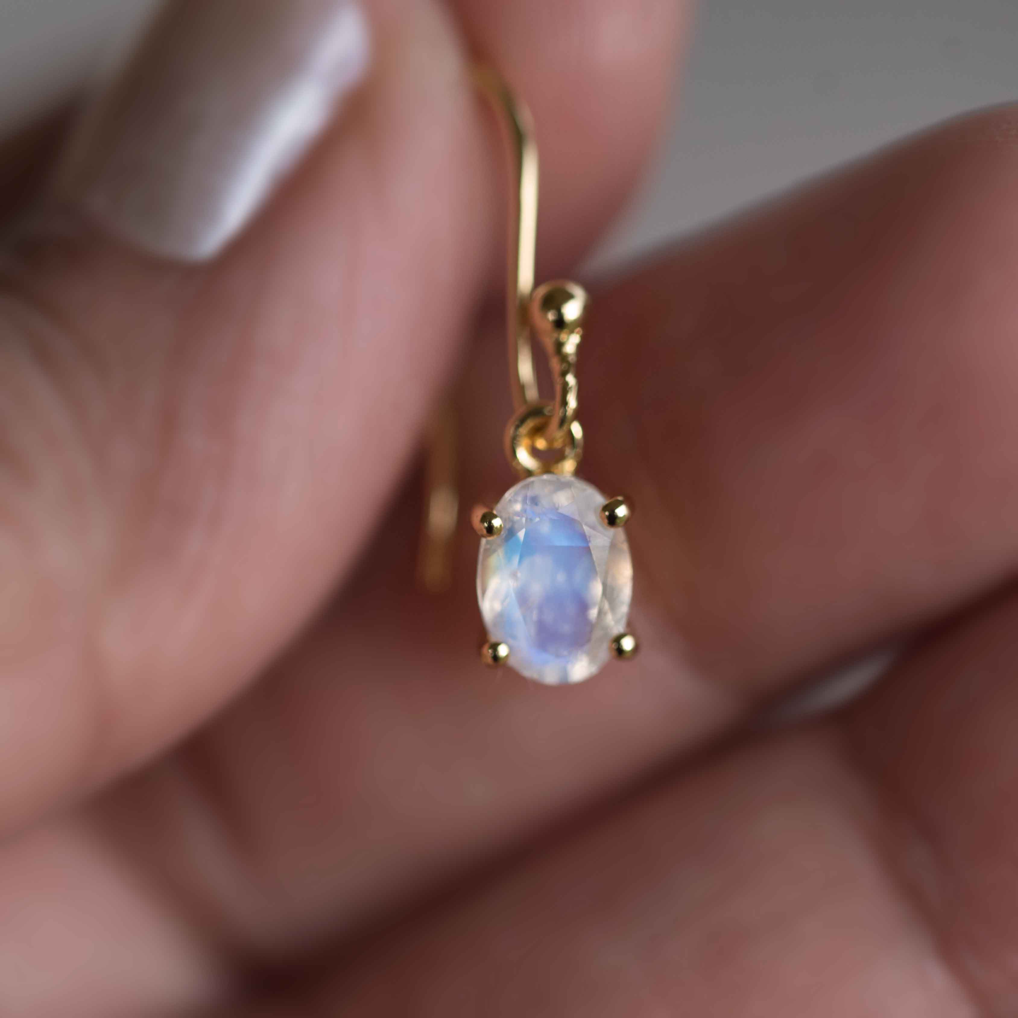 Natural Blue Moonstone Gold Dangle Earrings