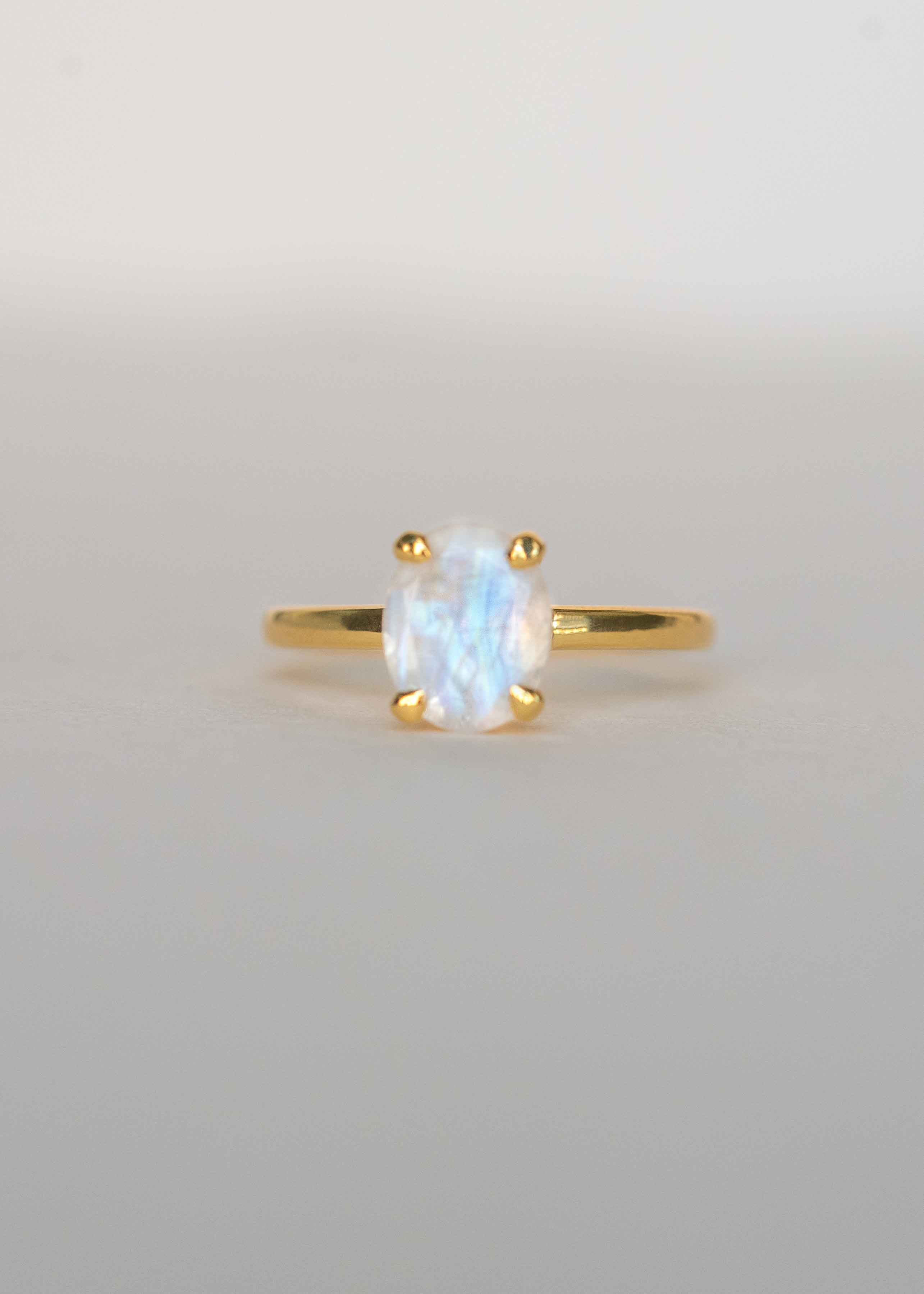 Large Moonstone Ring Sterling Gold, Oval Natural Gemstone Engagement Ring for Women