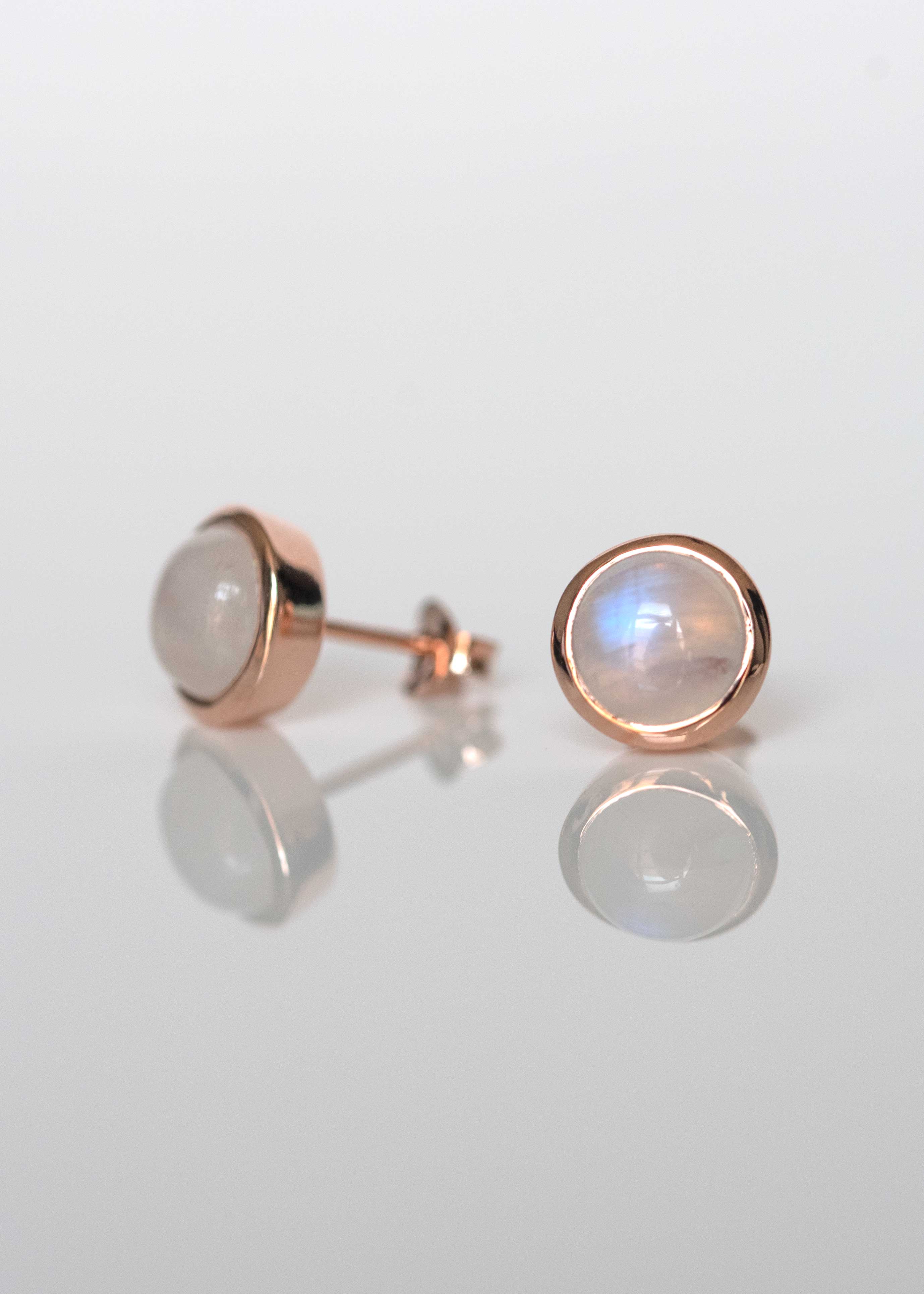 Blue Flash Moonstone Stud Earrings in Rose Gold