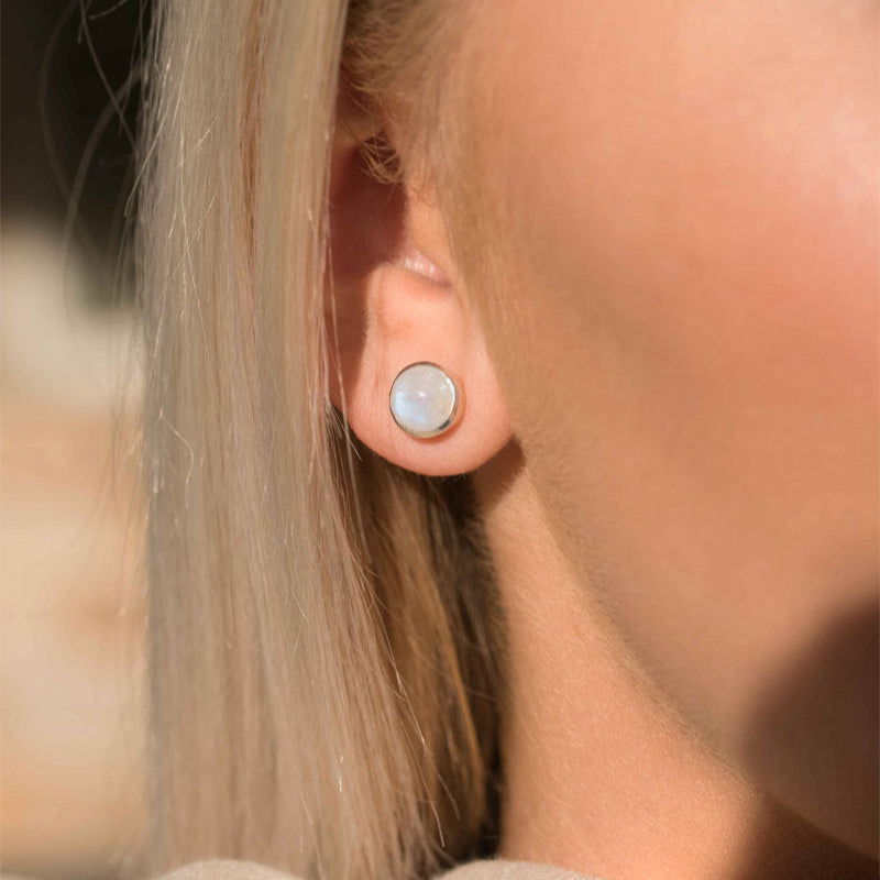 Blue Flash Moonstone Studs in Sterling Silver