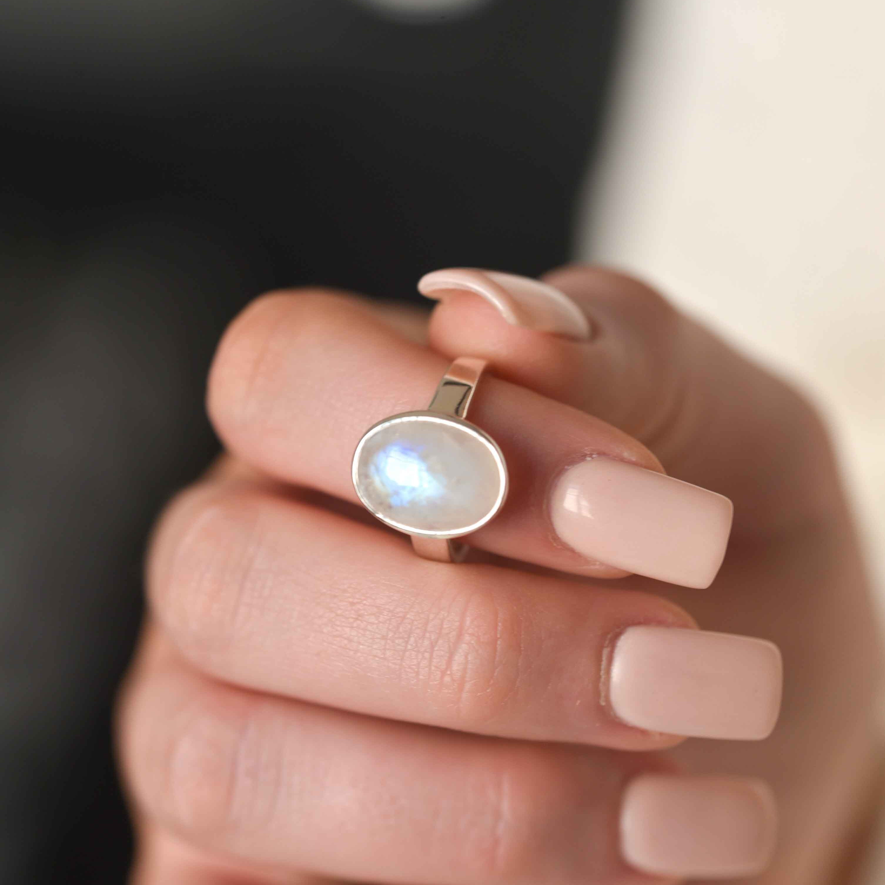 Large Moonstone Ring in Sterling Silver, Genuine Natural Moonstone Ring