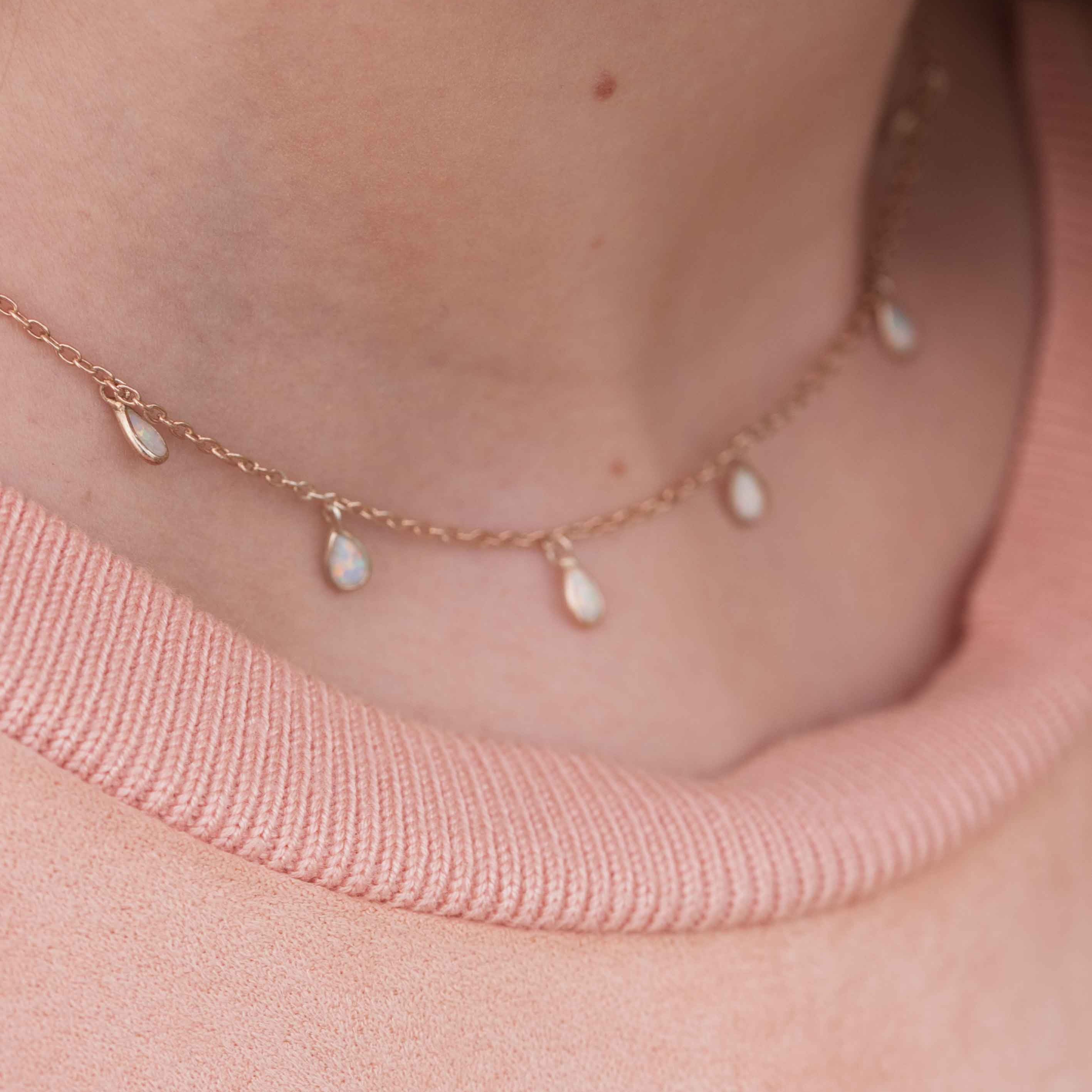 Delicate Gold Choker, opal station necklace, opal drops necklace 14k gold, Lab Opal October Birthstone Birthday Gifts for Girls