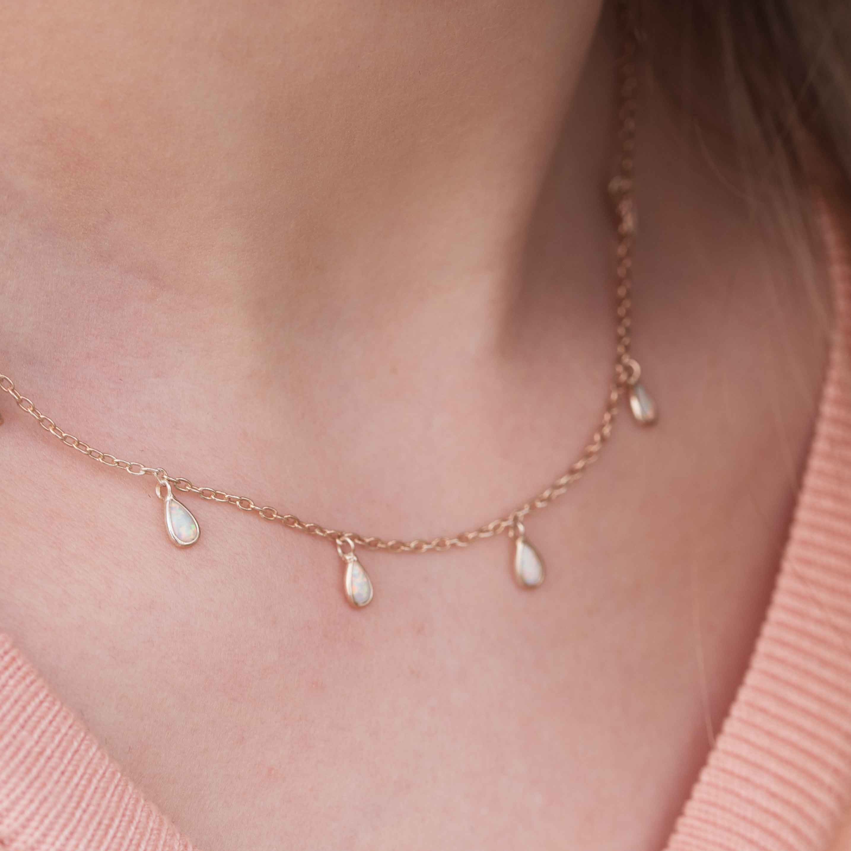 Delicate Gold Choker, opal station necklace, opal drops necklace 14k gold, Lab Opal October Birthstone Birthday Gifts for Girls