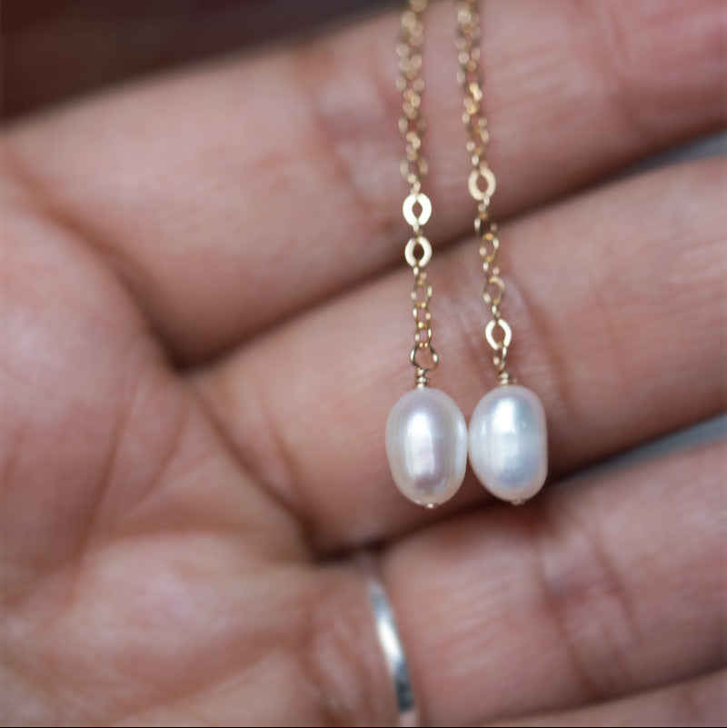 Pearl Drop Gold Earrings Long Chain