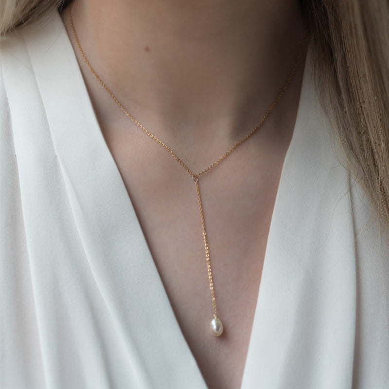 Pearl Lariat Necklace Simple Gold Y necklace Bridal Wedding