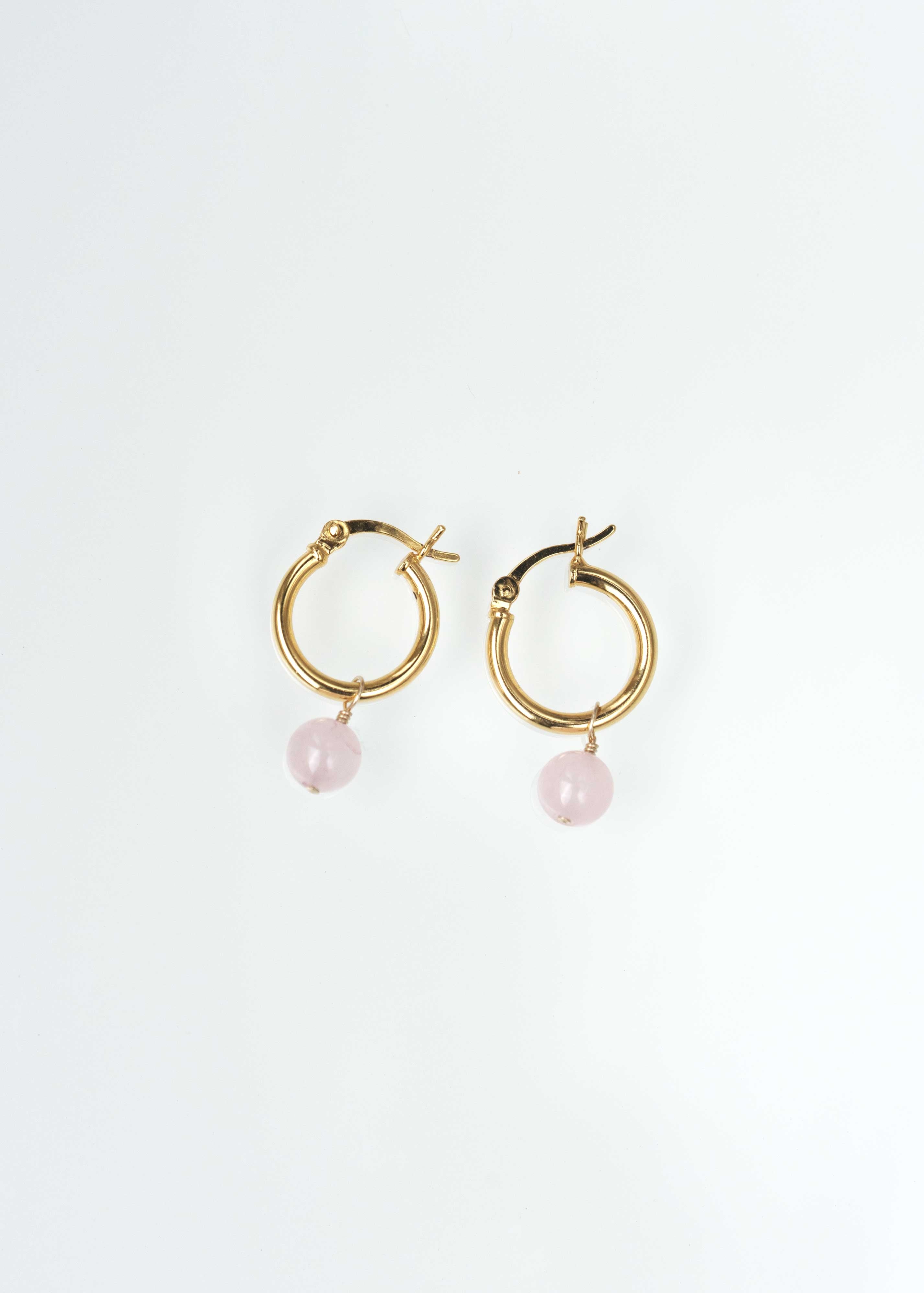 rose quartz earrings in gold hoops