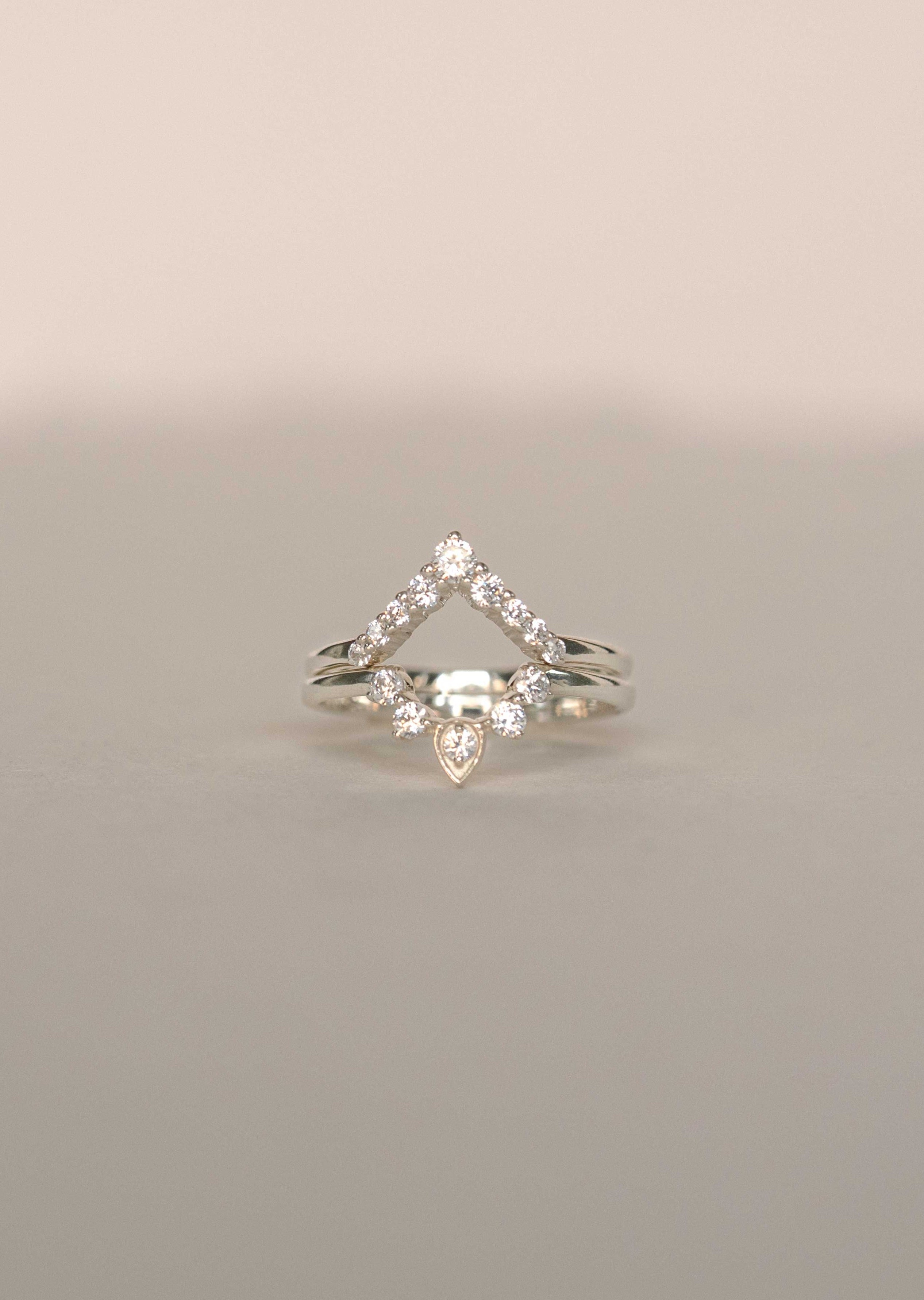 Gold Stacking Ring Set, Curved Rings, V rings in sterling silver diamonds