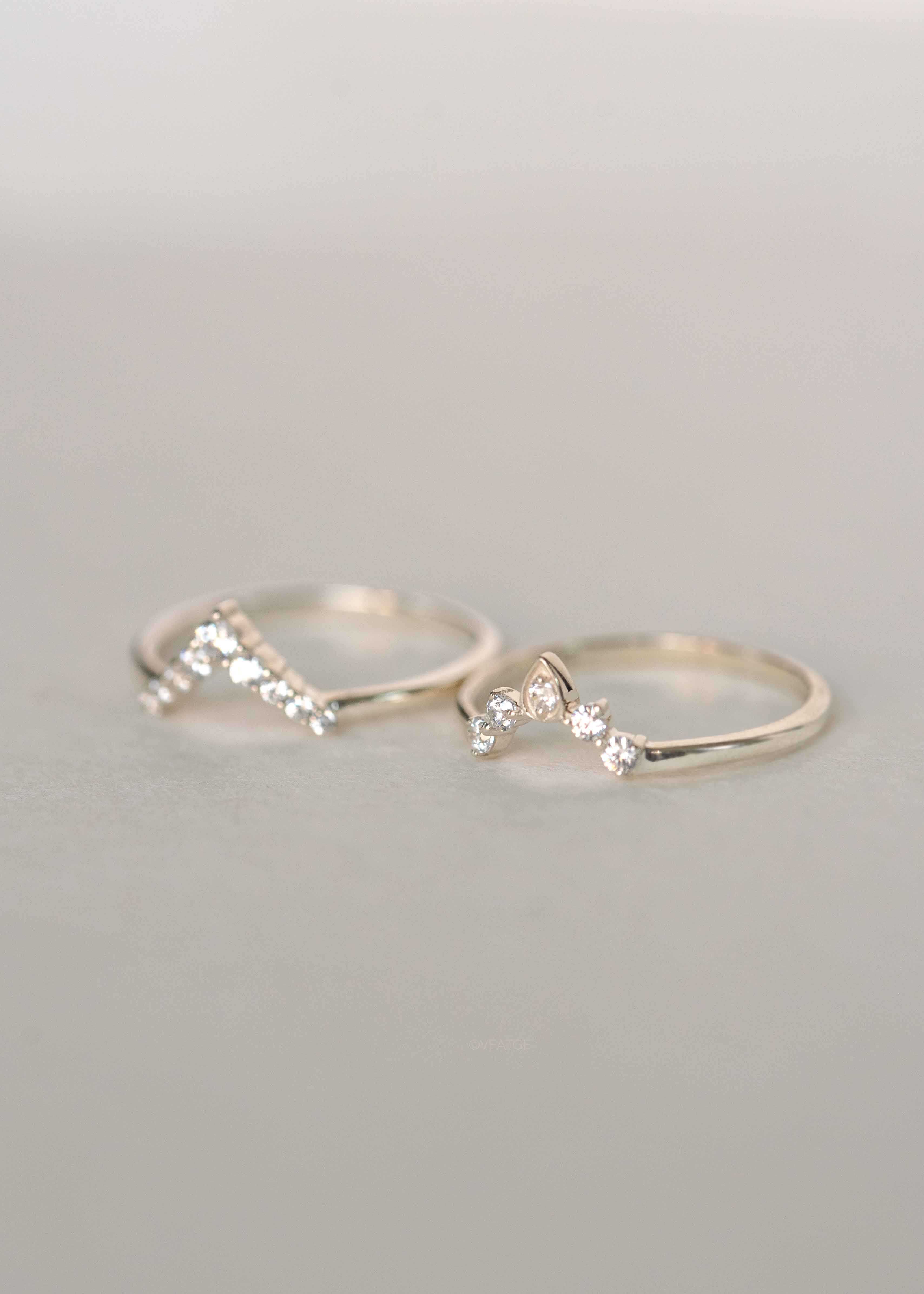 Gold Stacking Ring Set, Curved Rings, V rings in sterling silver diamonds