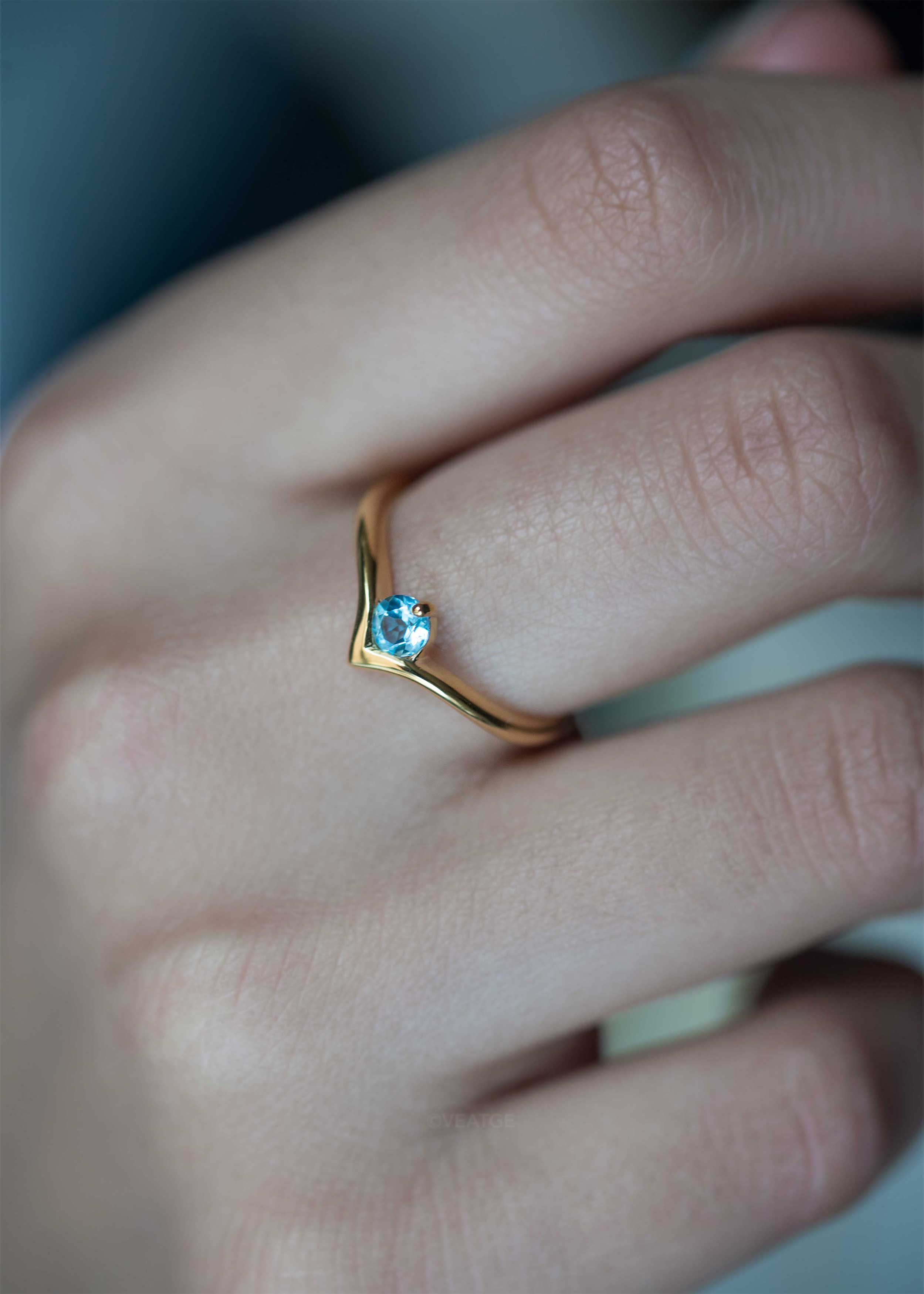 Chevron Gemstone Ring, Peak V shape ring in gold vermeil Swiss Blue Topaz Genuine gifts for women engagement promise ring