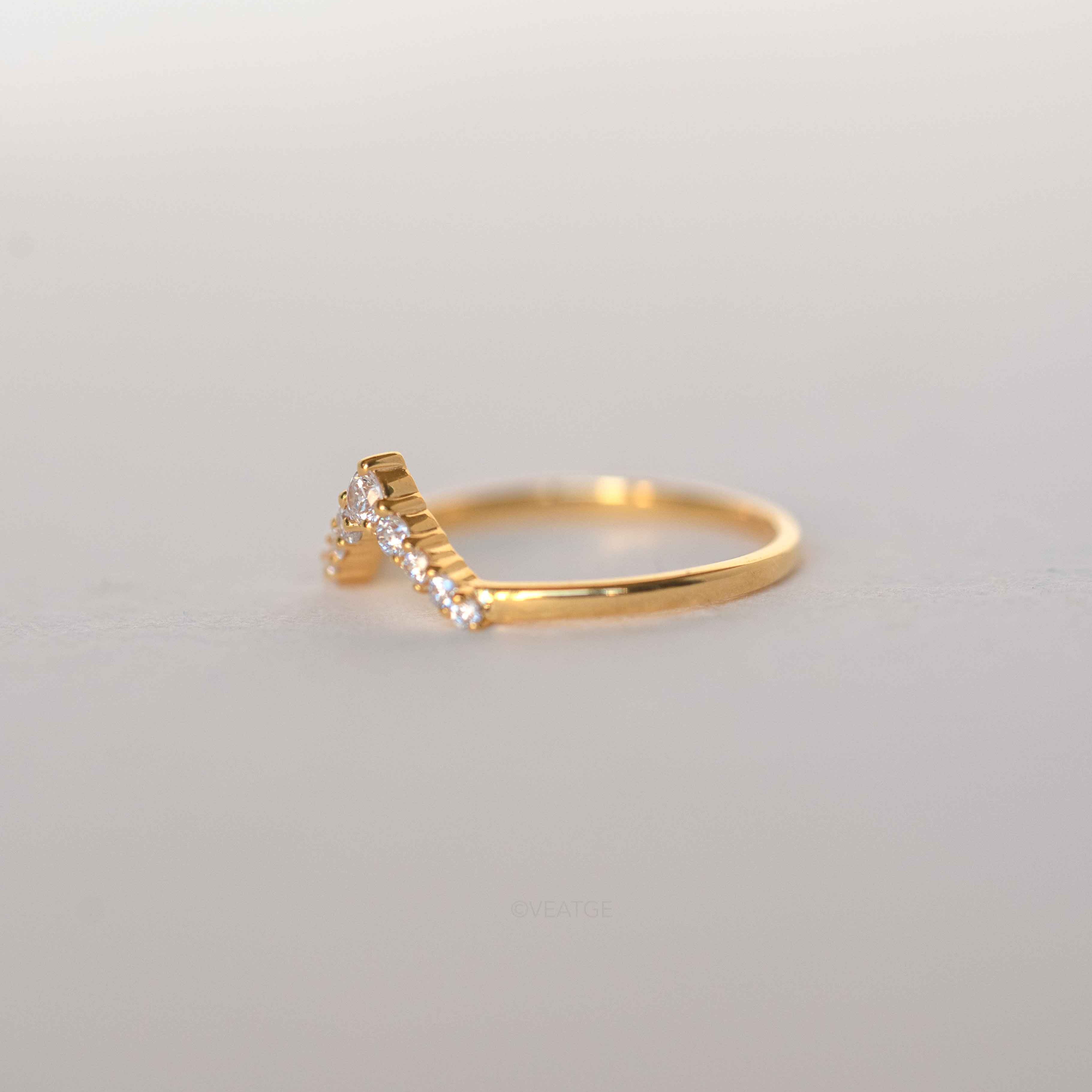 Gold Stacking Ring with diamonds, V Chevron Curved Ring for stack, Turo Ring