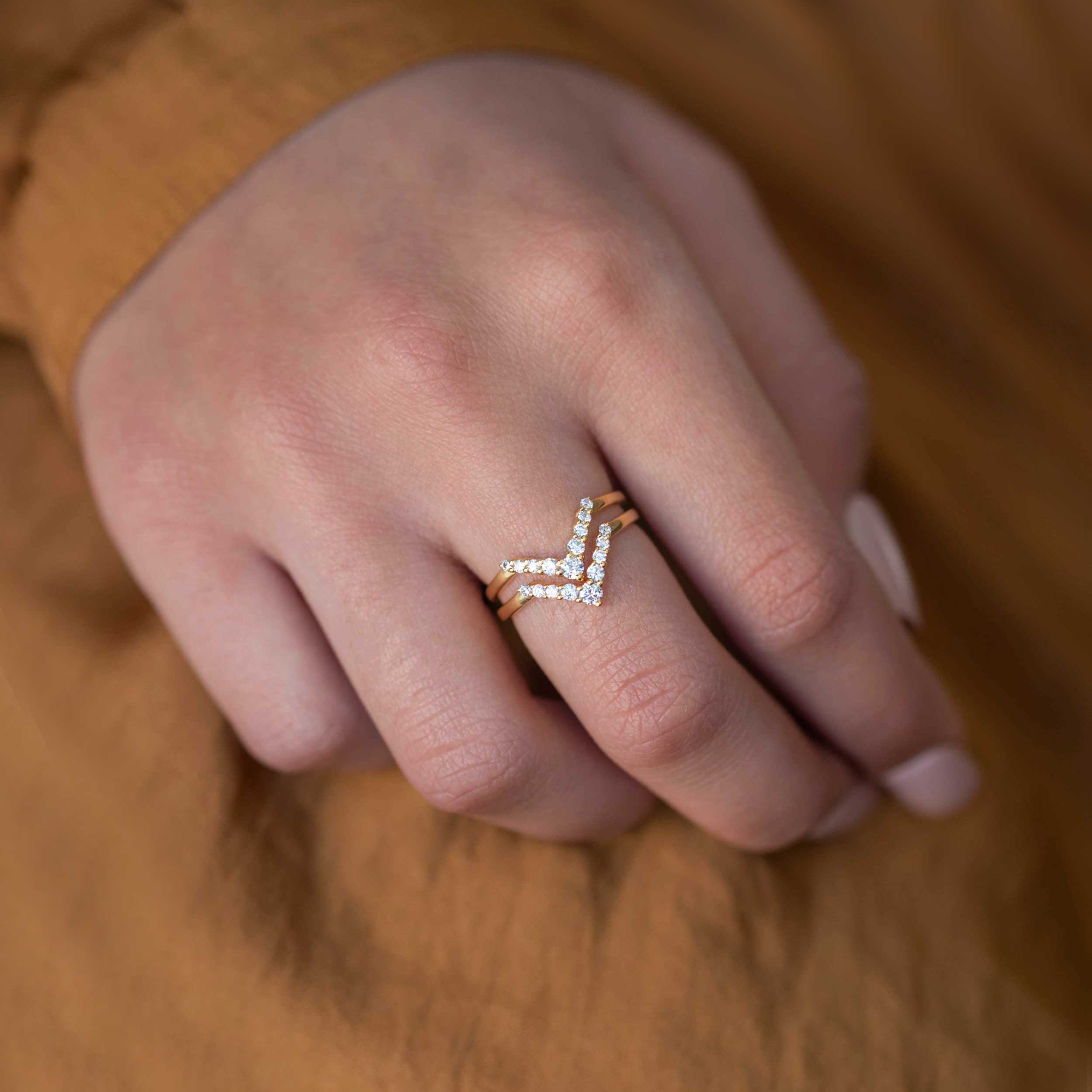 Gold Stacking Ring with diamonds, V Chevron Curved Ring for stack, Turo Ring