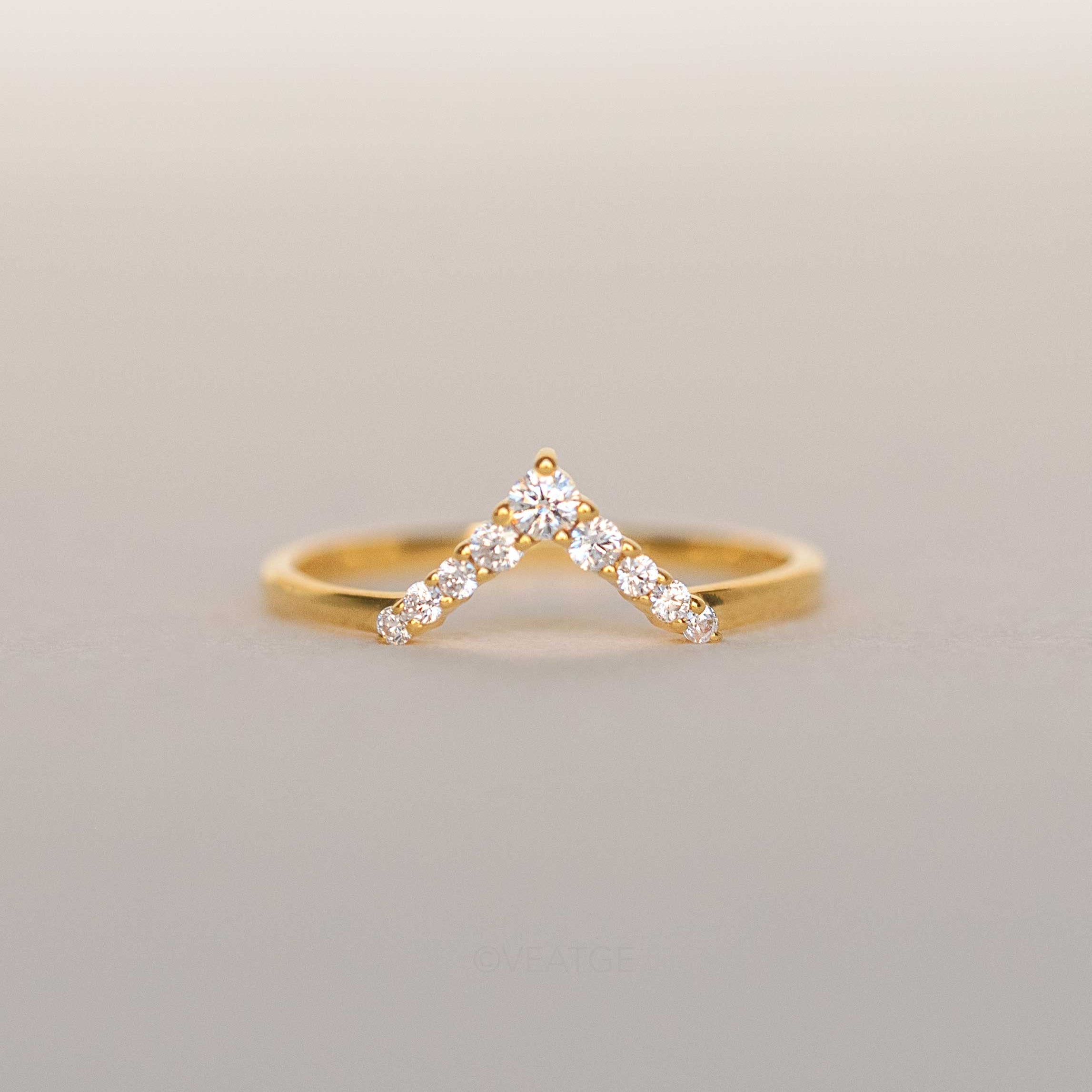Gold Stacking Ring with diamonds, V Chevron Curved Ring for stack, Turo Ring