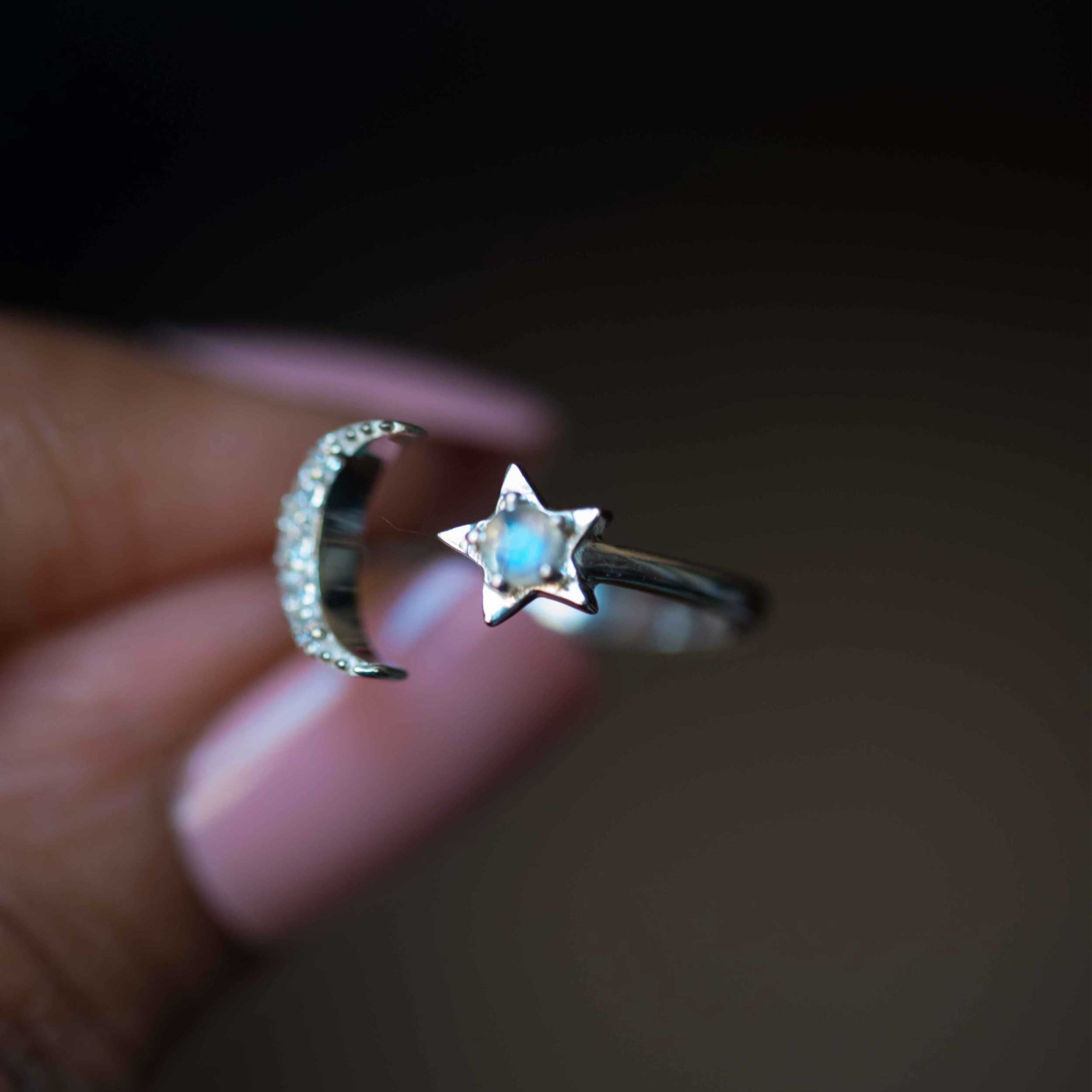Crescent Moon and Star Celestial Ring Silver