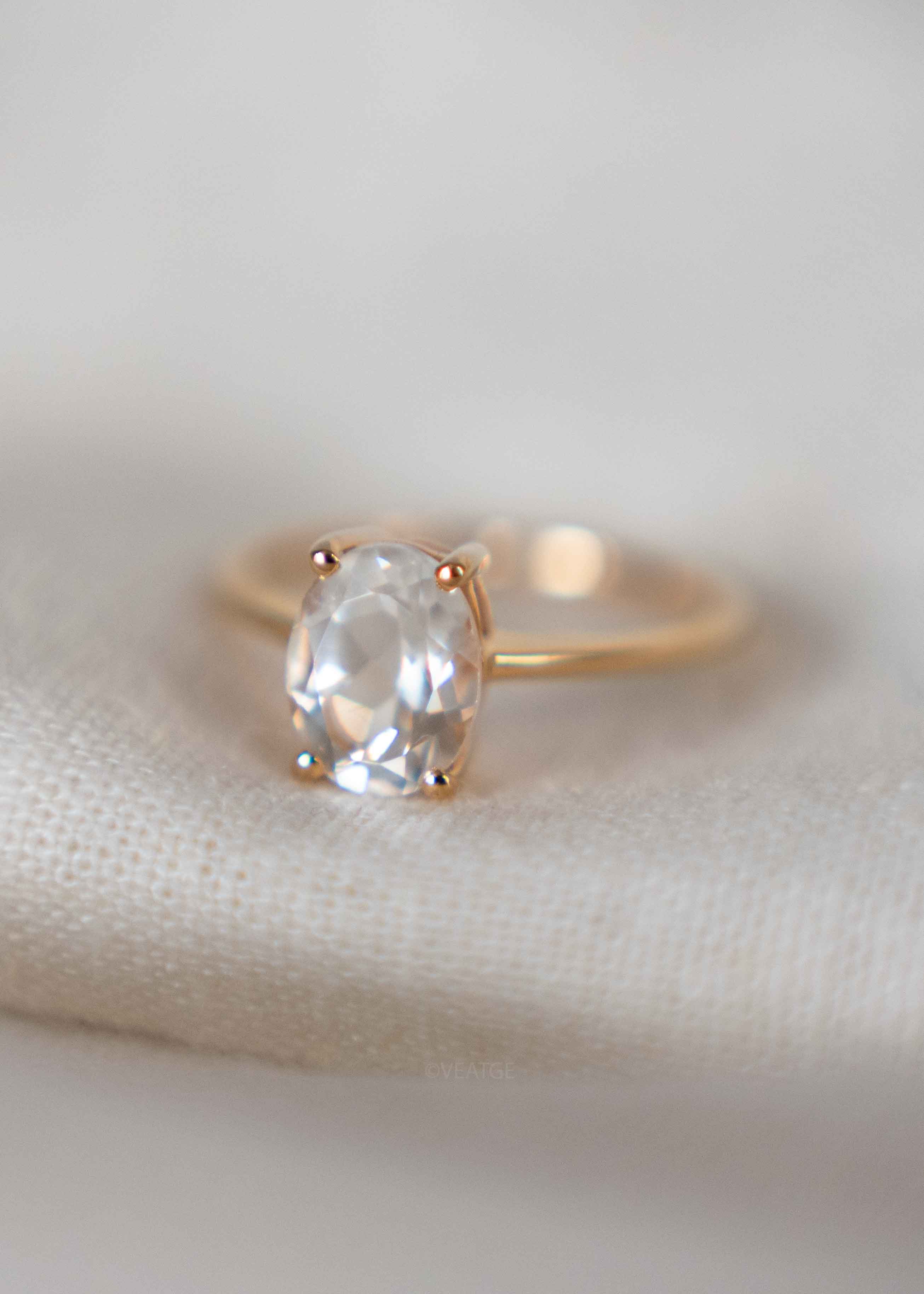 Genuine White Topaz Ring, Oval Solitaire Gold Promise Ring, alternative wedding rings for her, April Birthstone, Gifts for Her