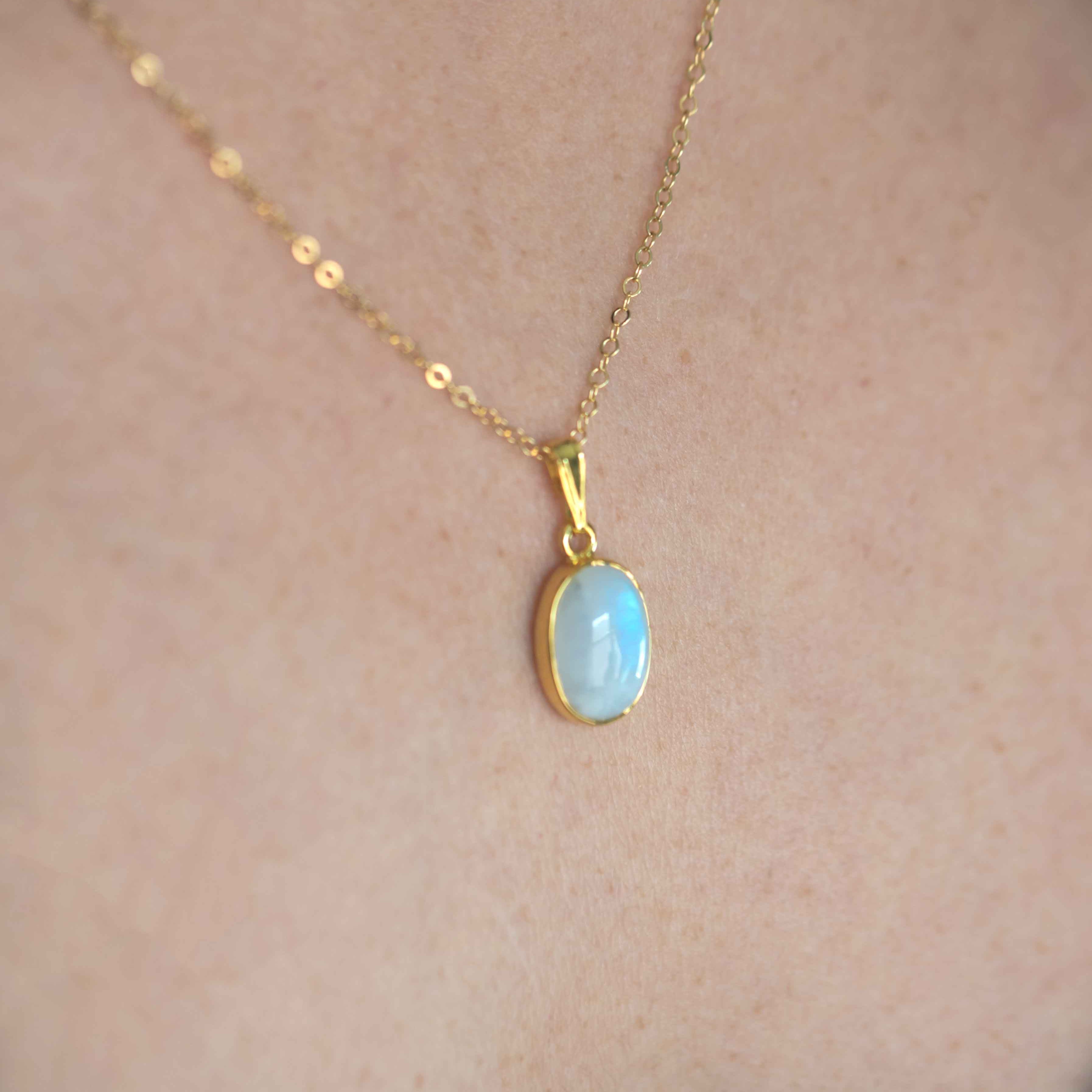 gold moonstone necklace large gemstone june birthstone birthday gift rainbow moonstone