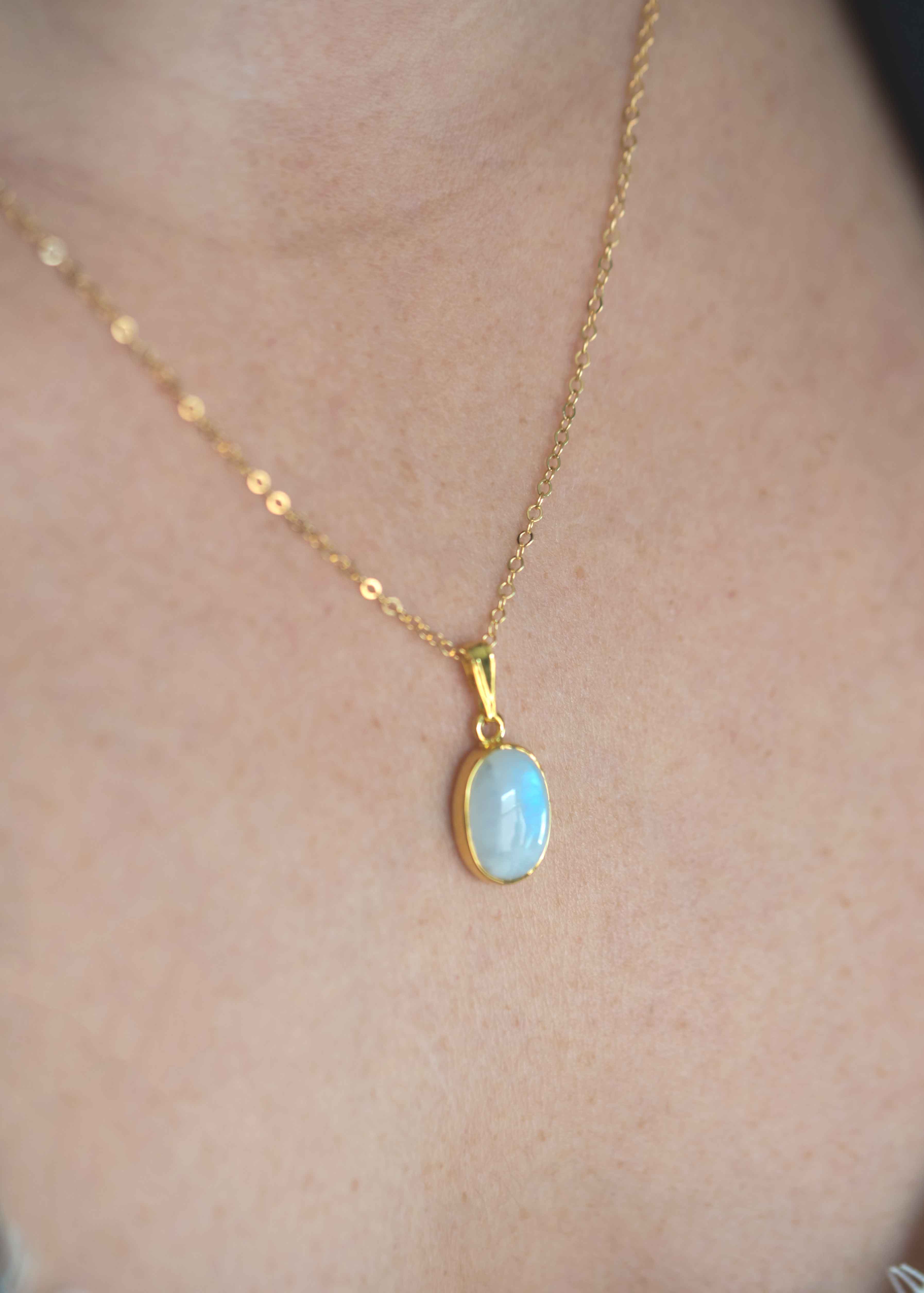 gold moonstone necklace large gemstone june birthstone birthday gift rainbow moonstone